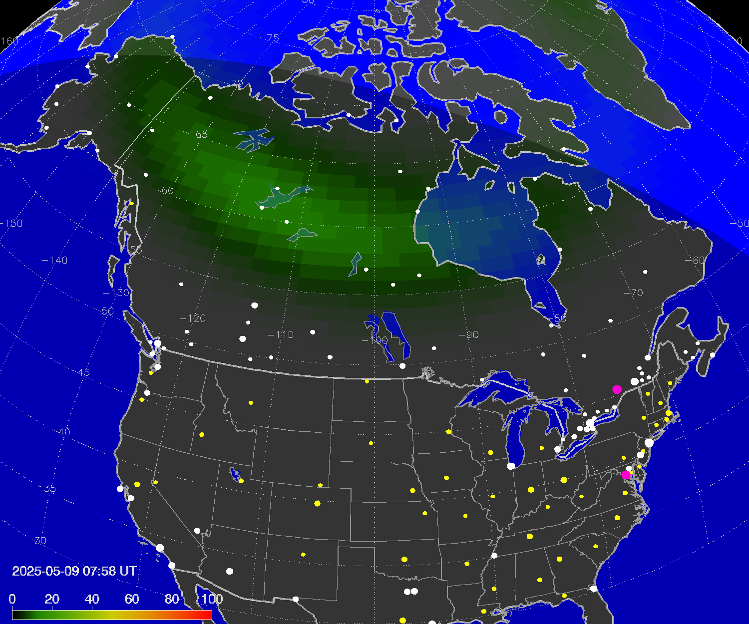 Northern lights (auroras) over North America
