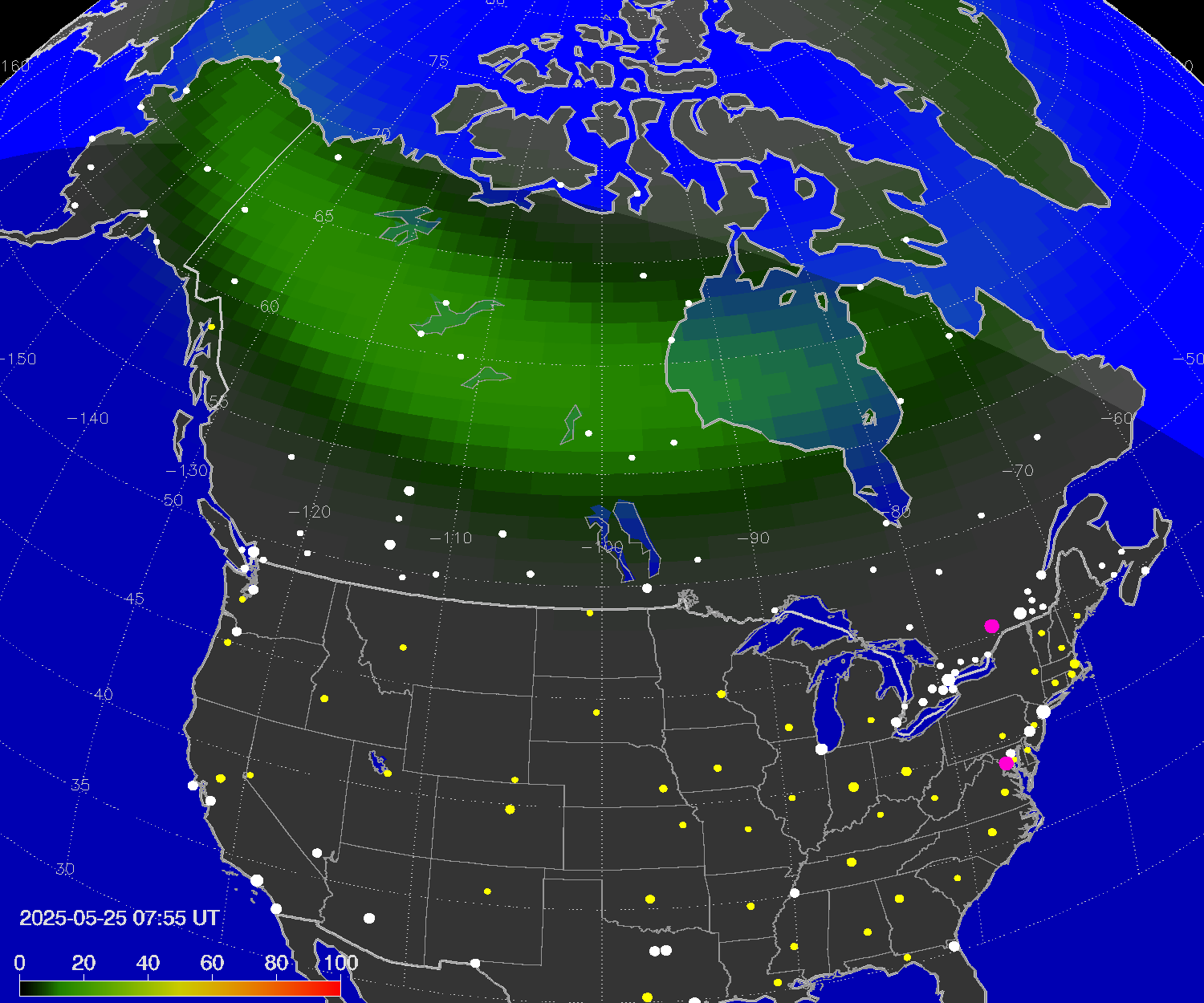Northern lights (auroras) over North America