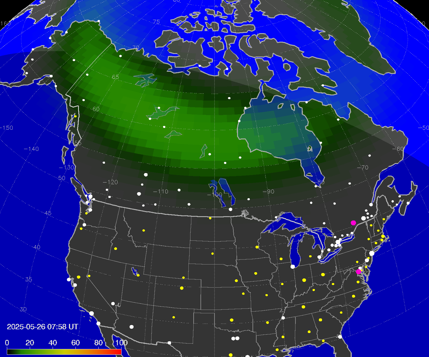 Northern lights (auroras) over North America