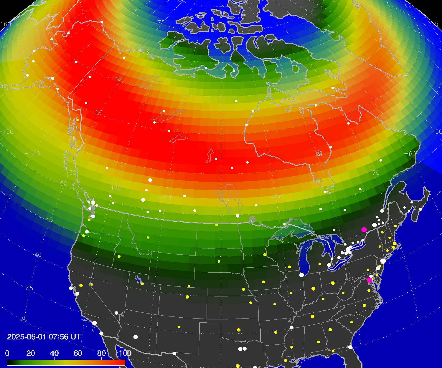 Northern lights (auroras) over North America