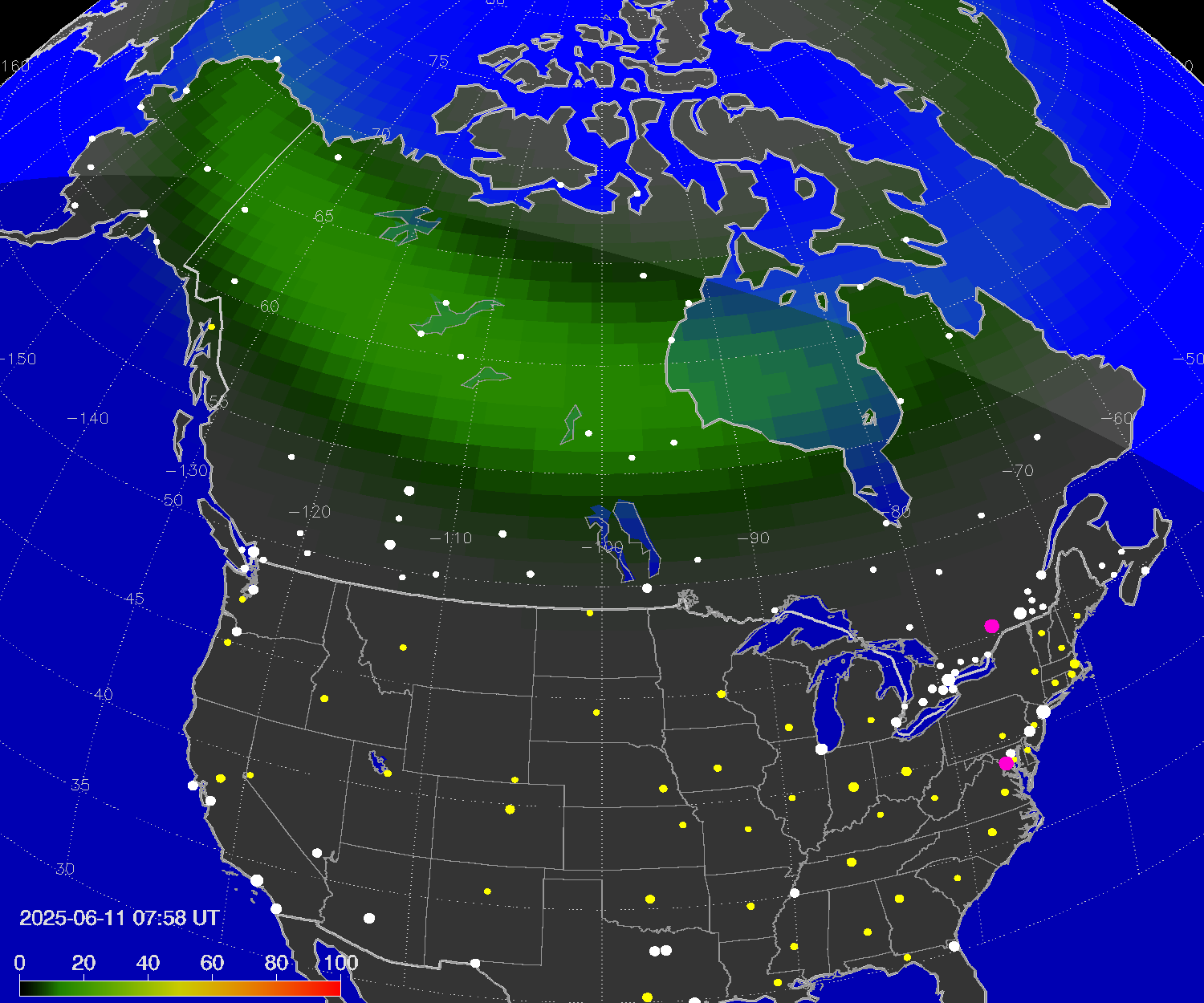 Northern lights (auroras) over North America