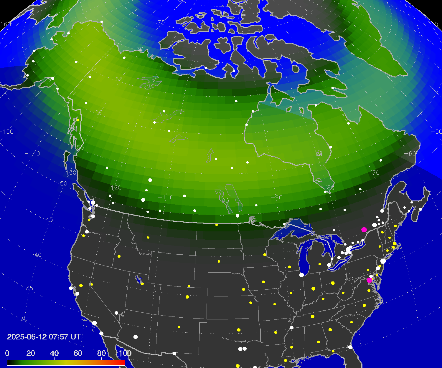 Northern lights (auroras) over North America