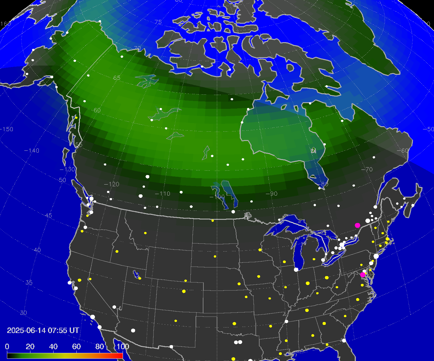 Northern lights (auroras) over North America