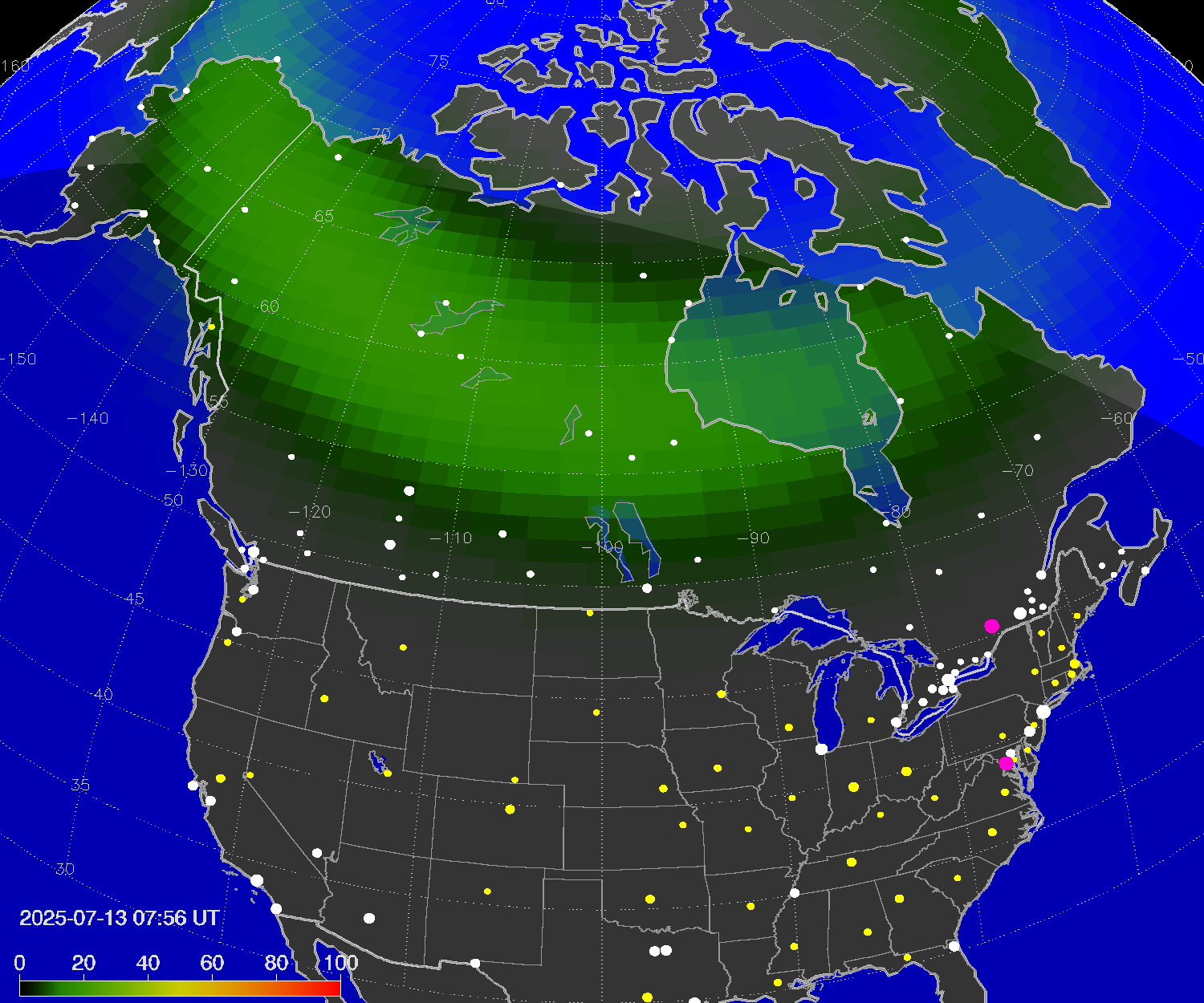Northern lights (auroras) over North America