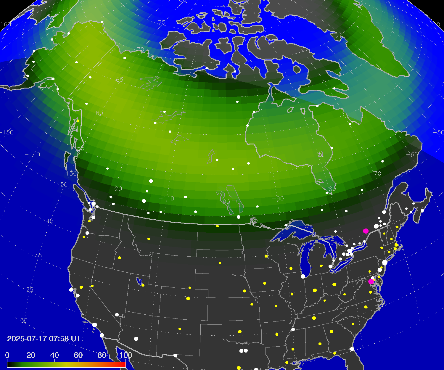 Northern lights (auroras) over North America