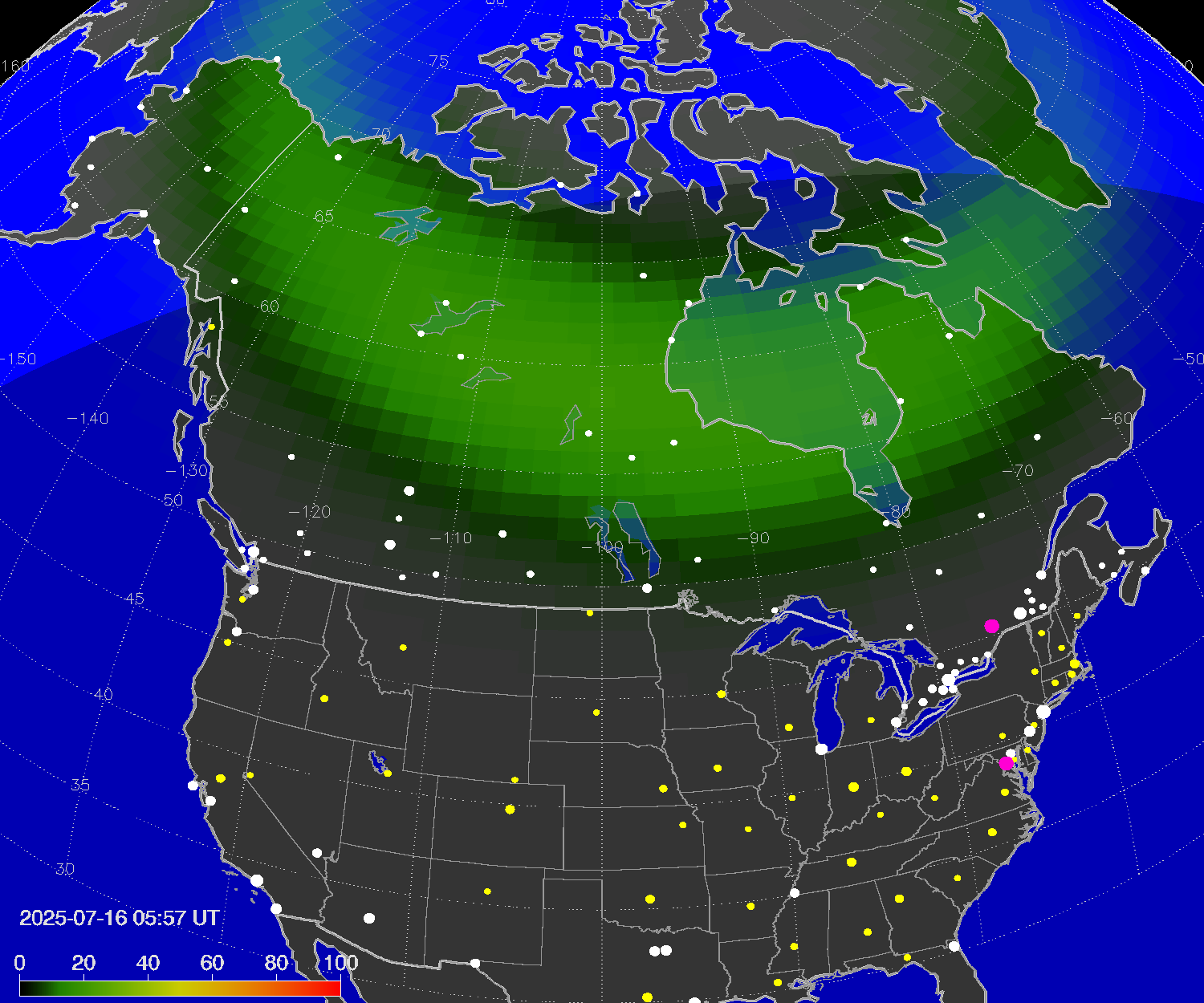 Northern lights (auroras) over North America
