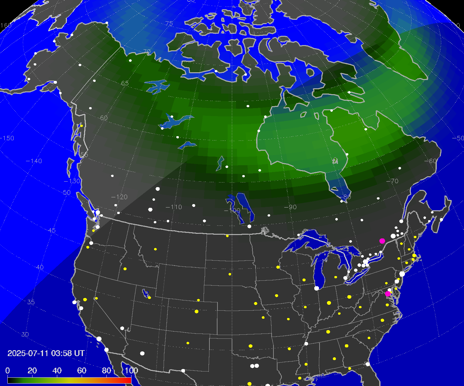 Northern lights (auroras) over North America