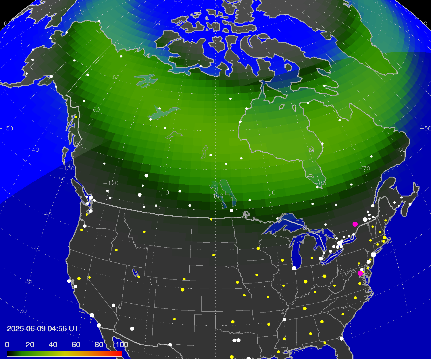 Northern lights (auroras) over North America