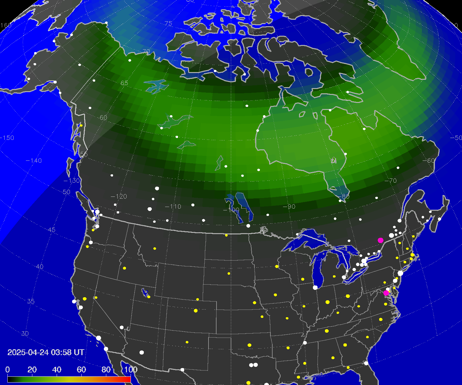 Northern lights (auroras) over North America
