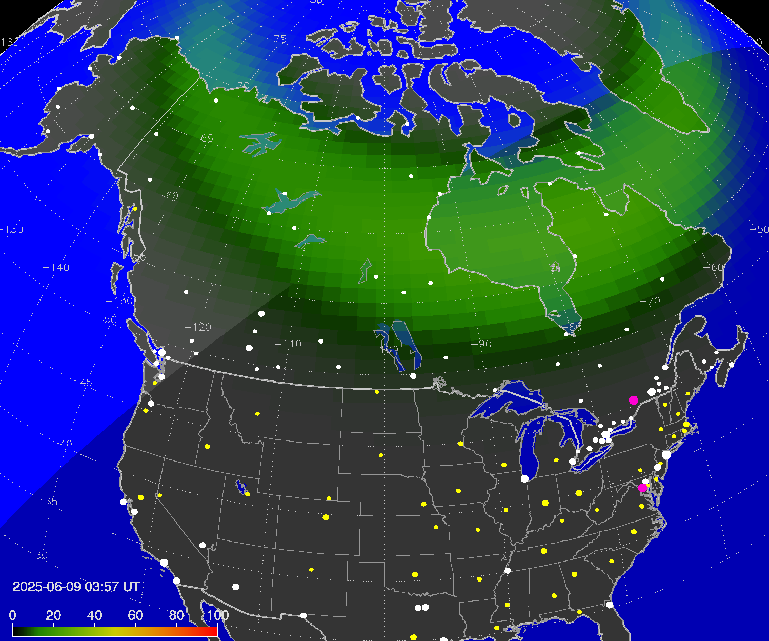 Northern lights (auroras) over North America
