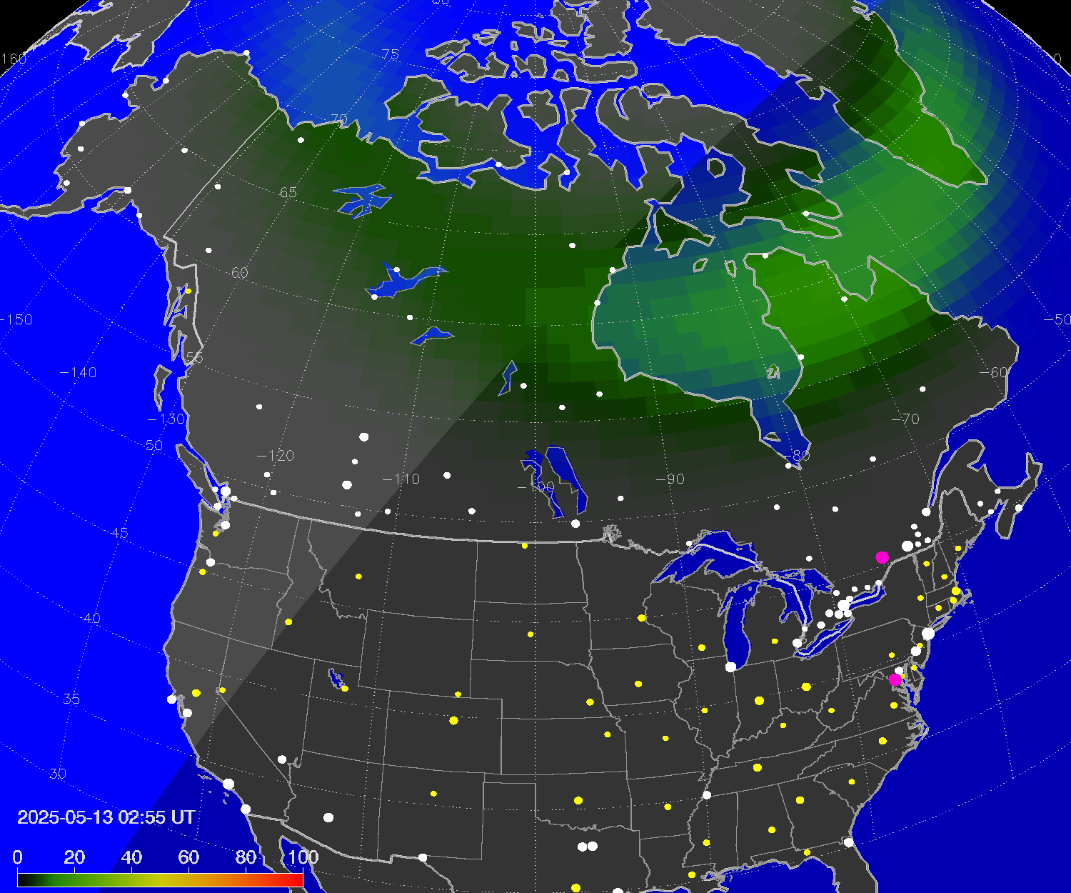 Northern lights (auroras) over North America