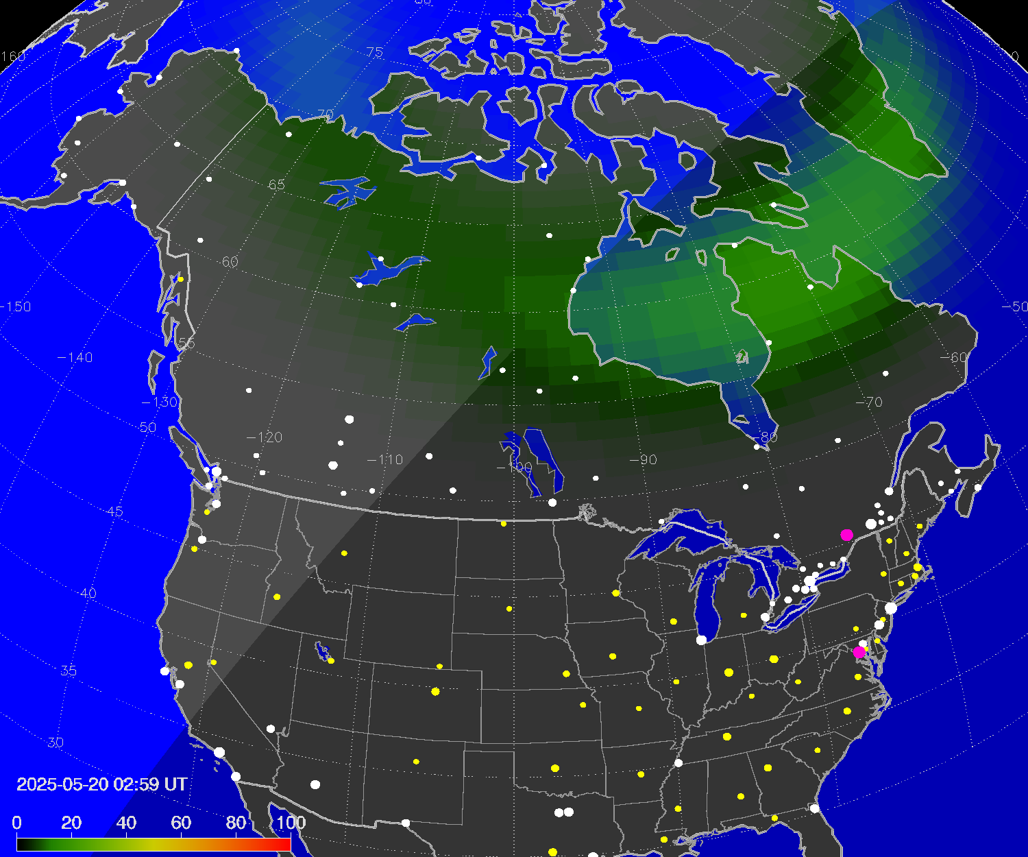 Northern lights (auroras) over North America