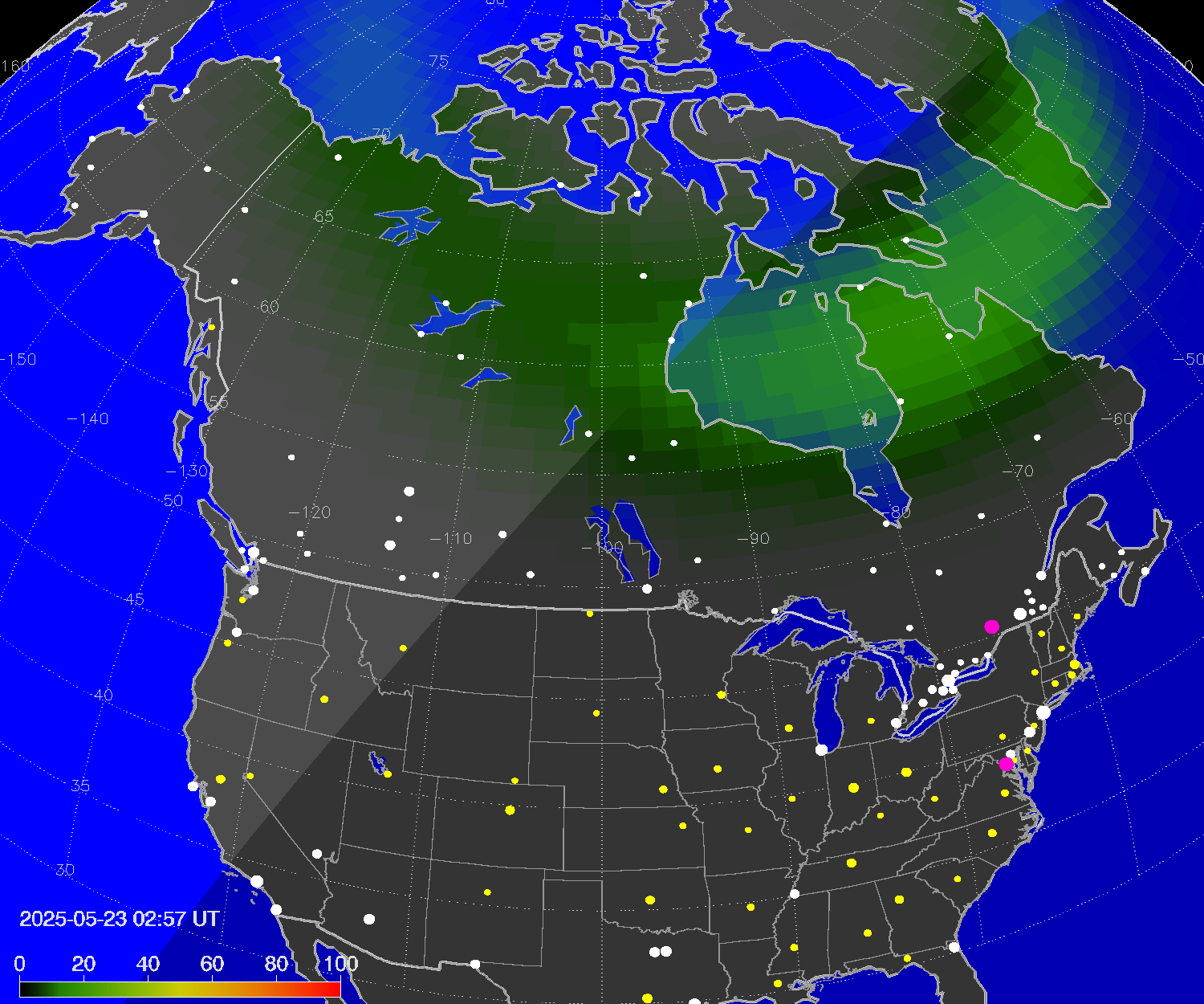 Northern lights (auroras) over North America