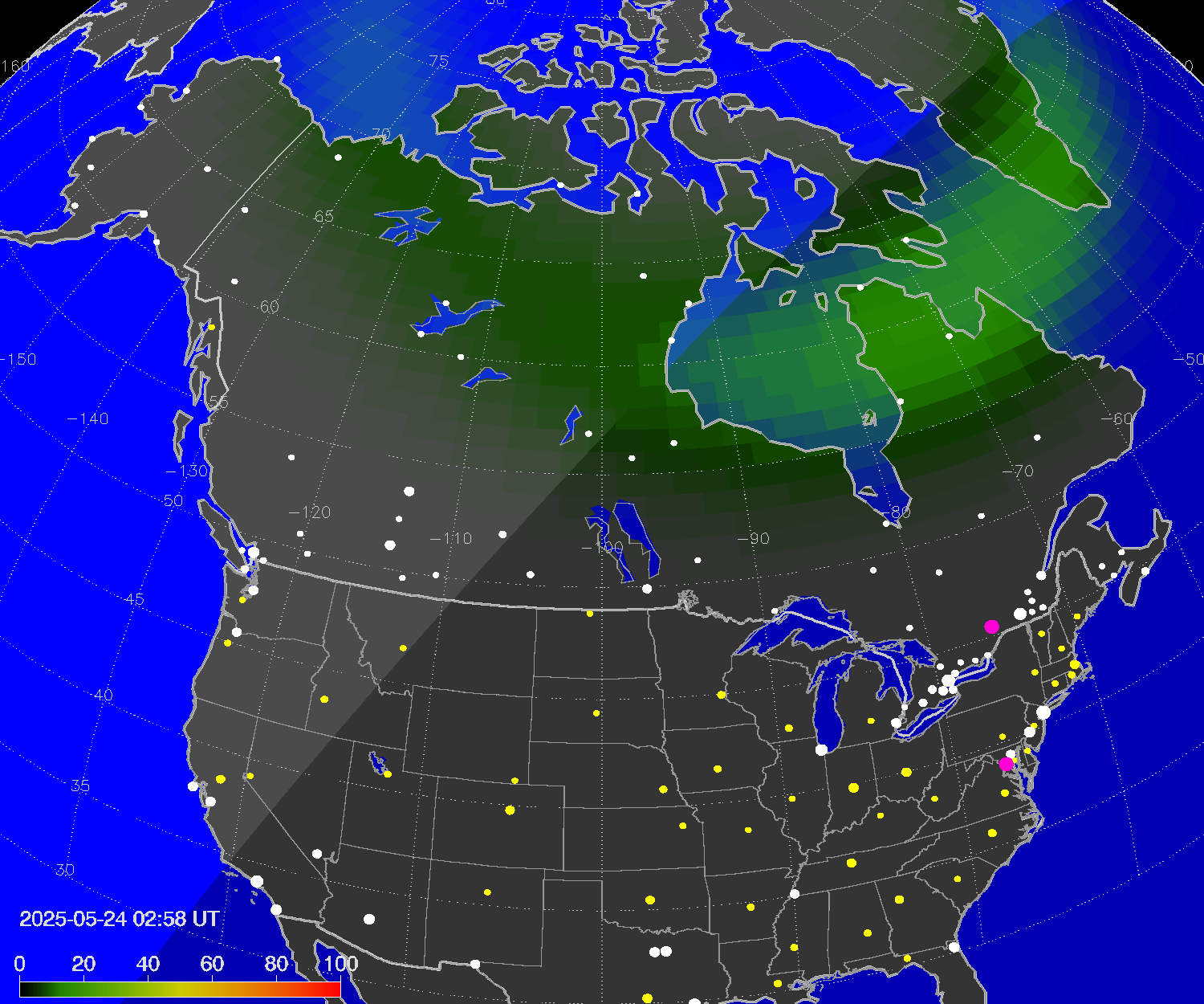 Northern lights (auroras) over North America