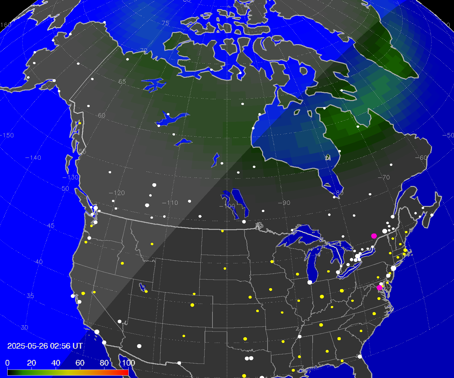 Northern lights (auroras) over North America