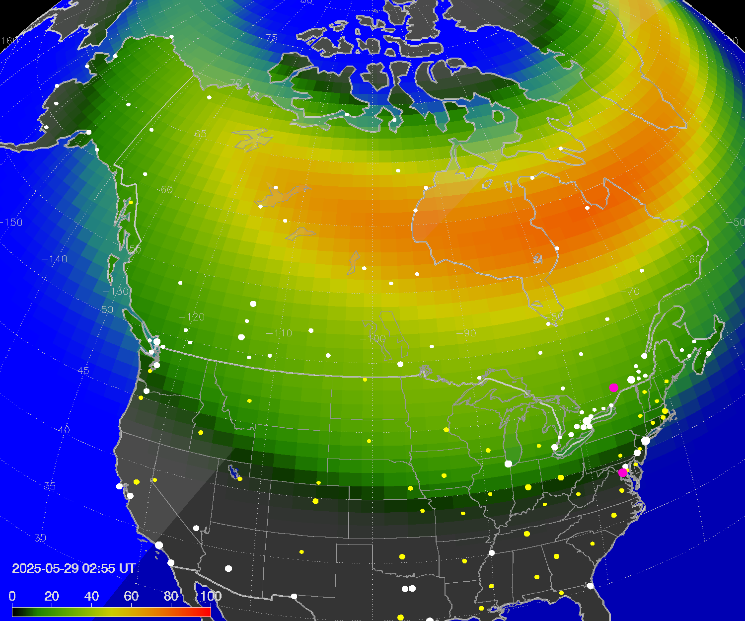 Northern lights (auroras) over North America