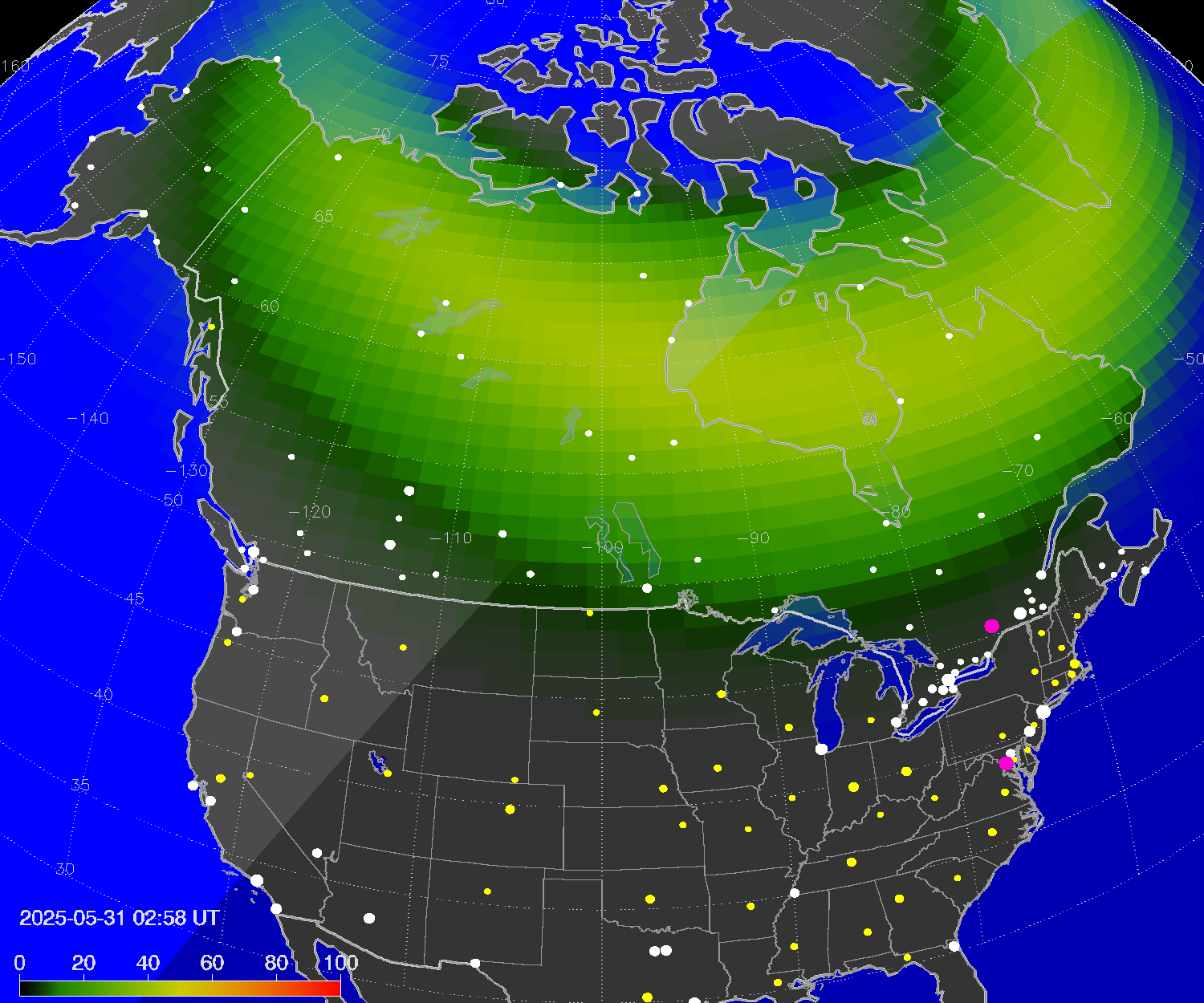 Northern lights (auroras) over North America