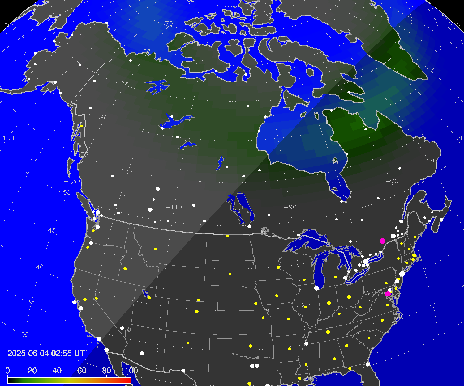 Northern lights (auroras) over North America