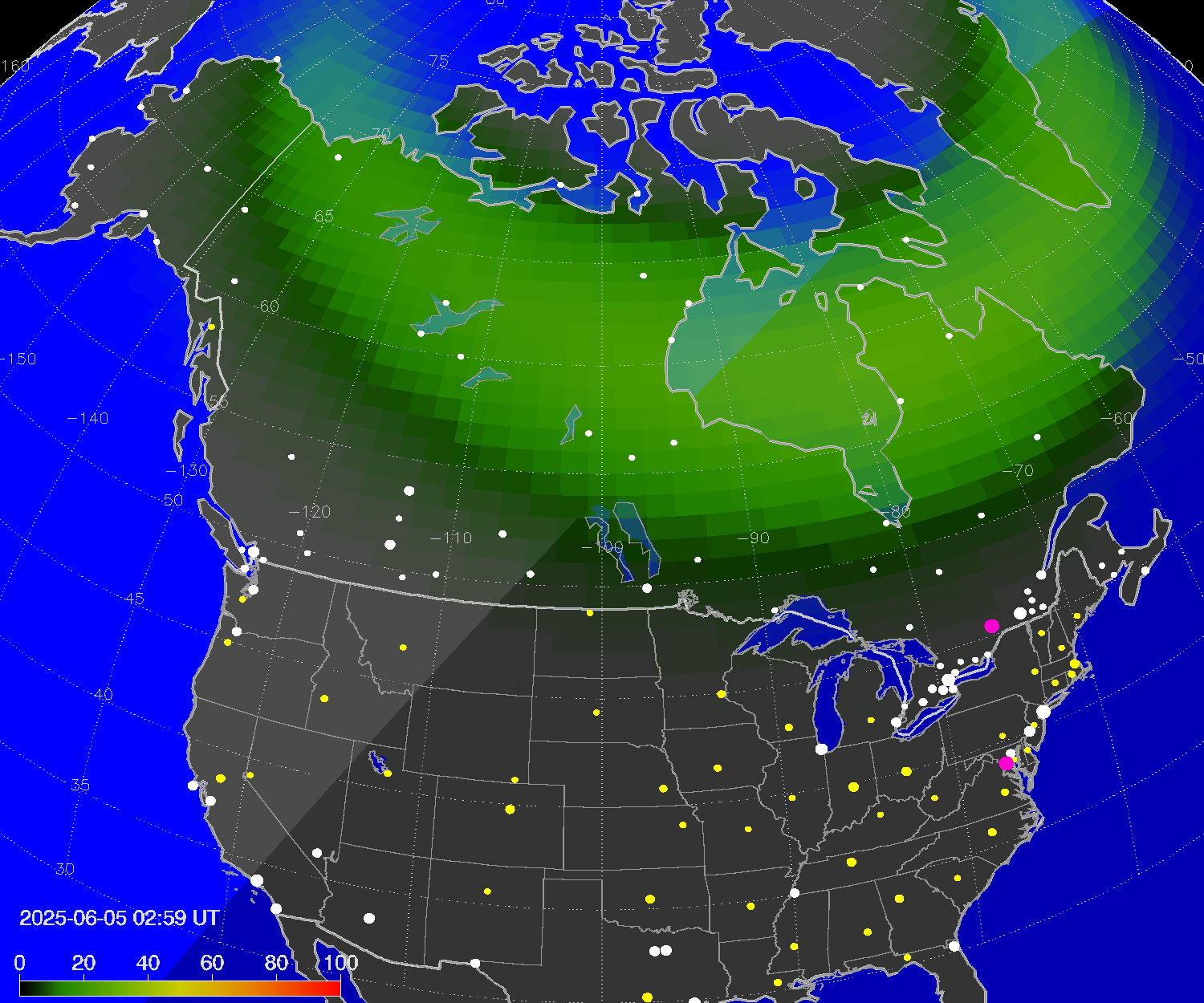 Northern lights (auroras) over North America
