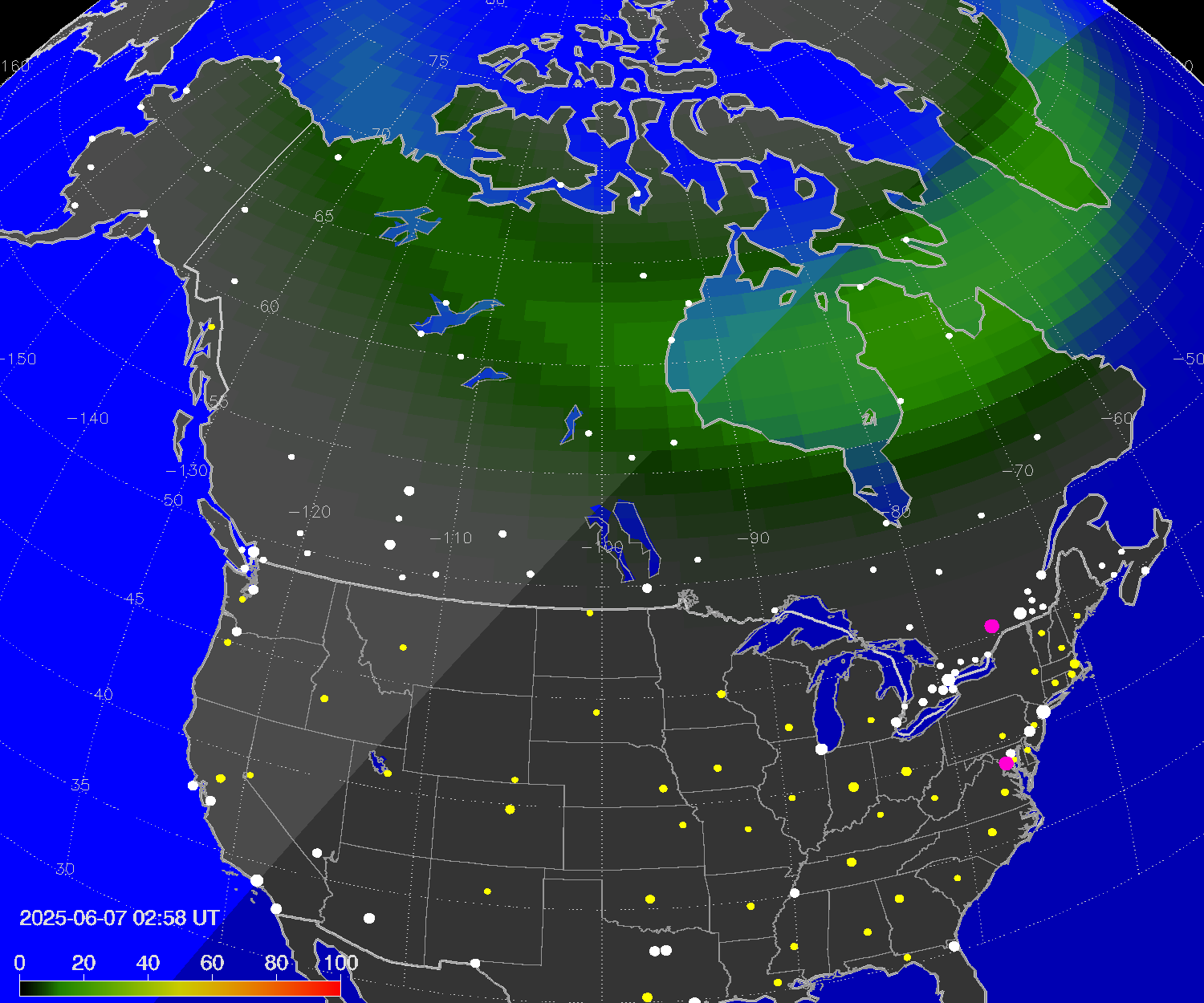 Northern lights (auroras) over North America