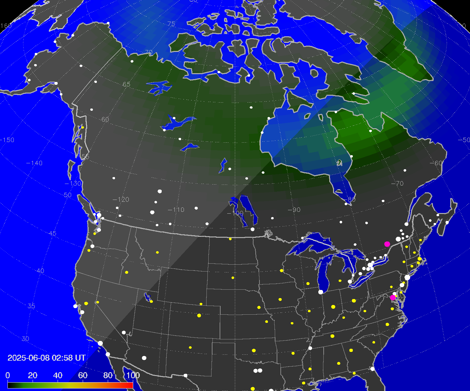 Northern lights (auroras) over North America