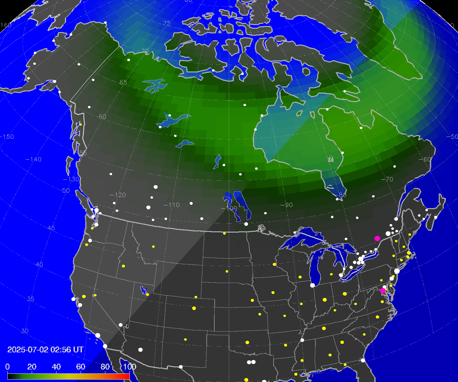 Northern lights (auroras) over North America