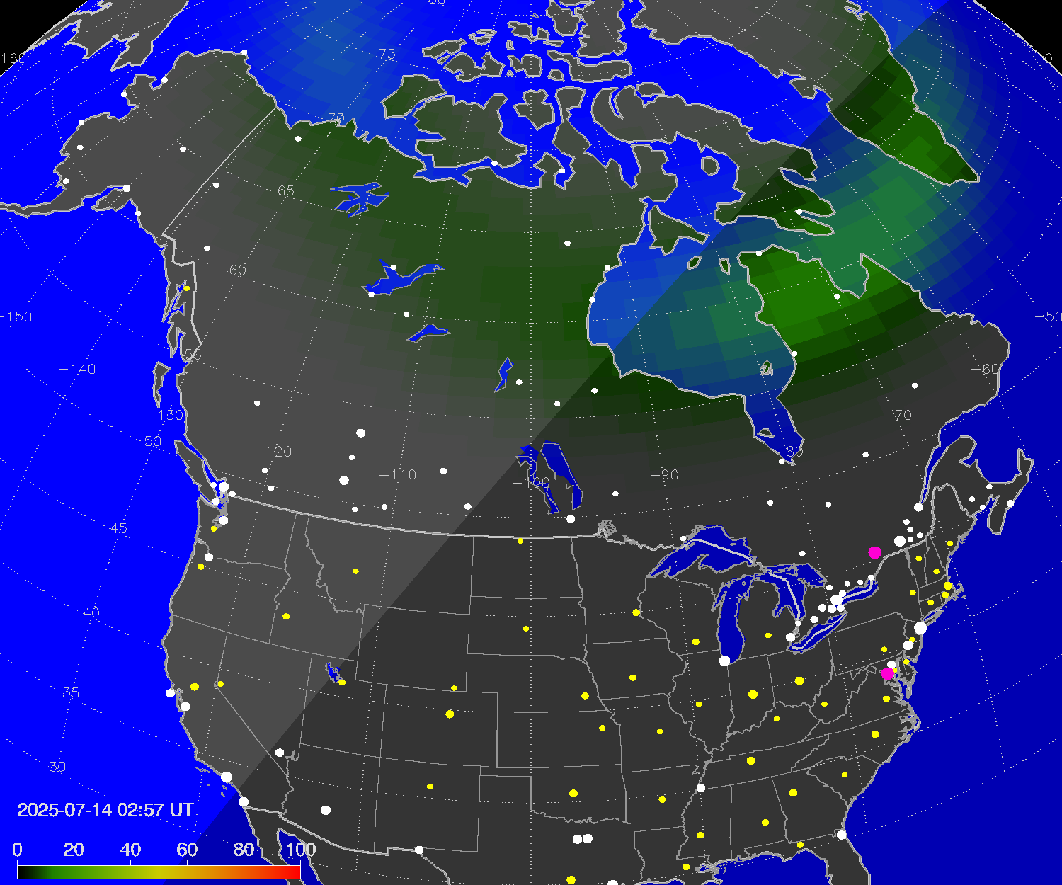 Northern lights (auroras) over North America