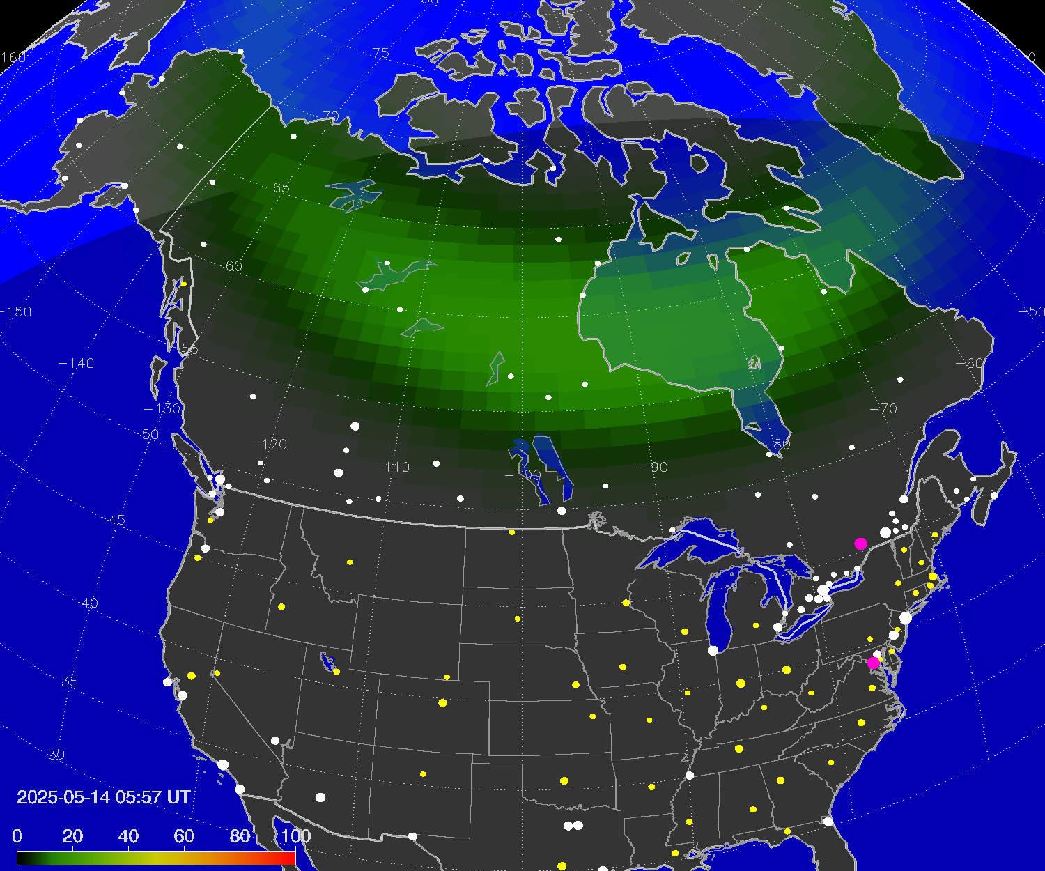 Northern lights (auroras) over North America