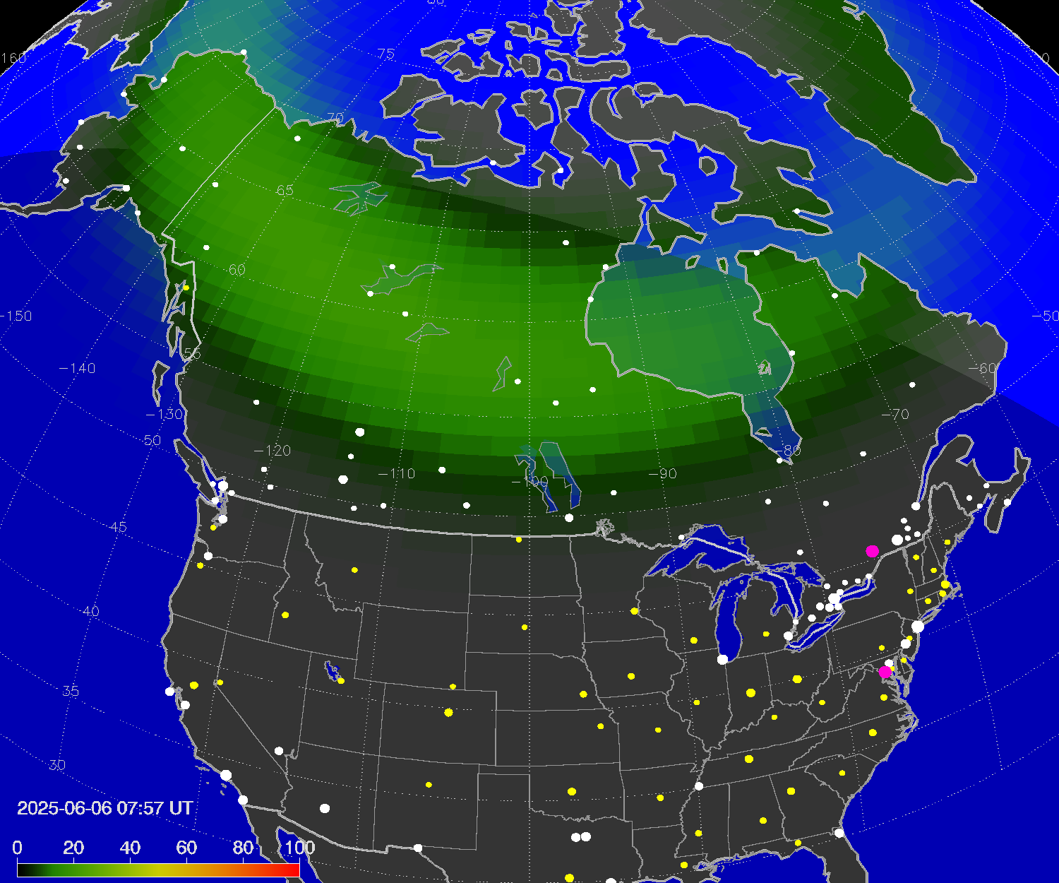 Northern lights (auroras) over North America
