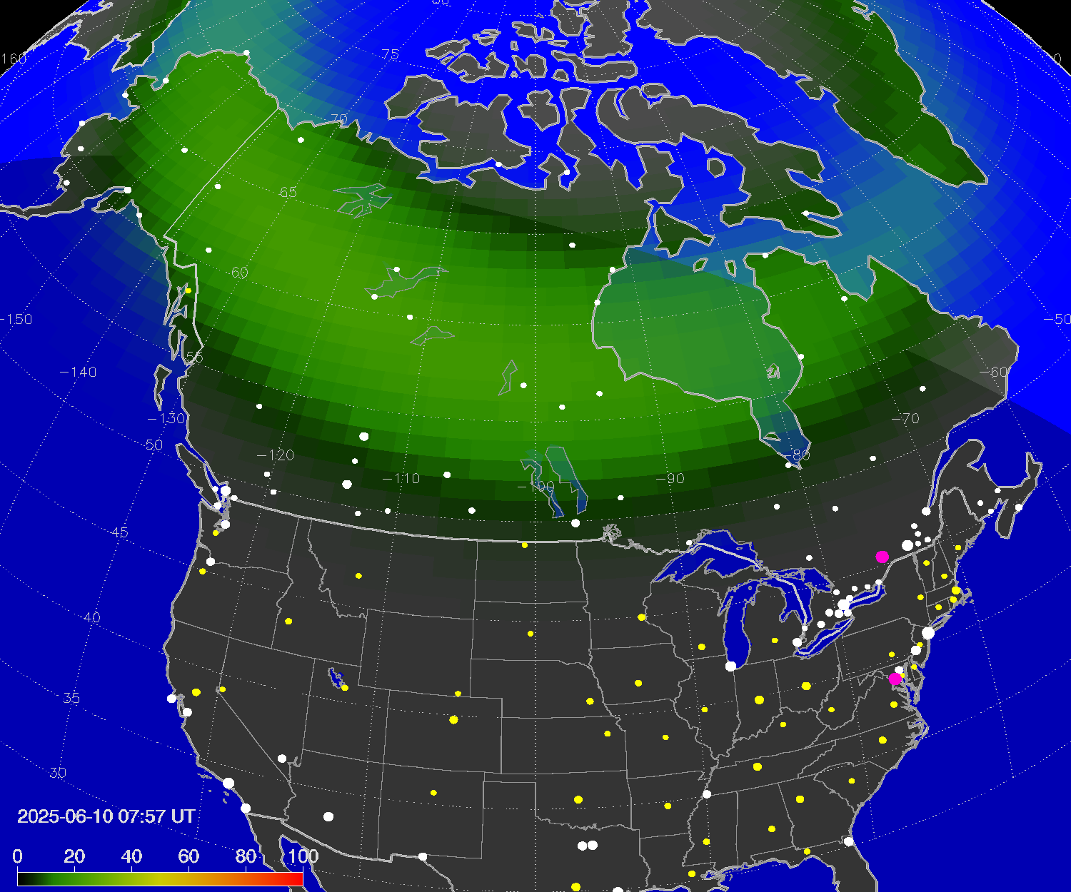 Northern lights (auroras) over North America
