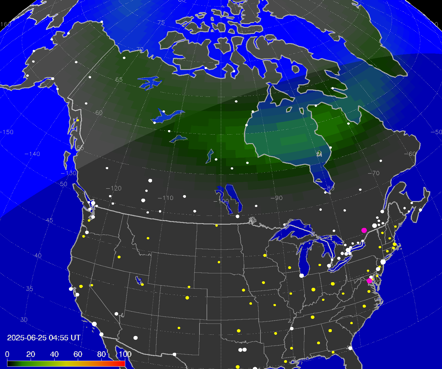 Northern lights (auroras) over North America