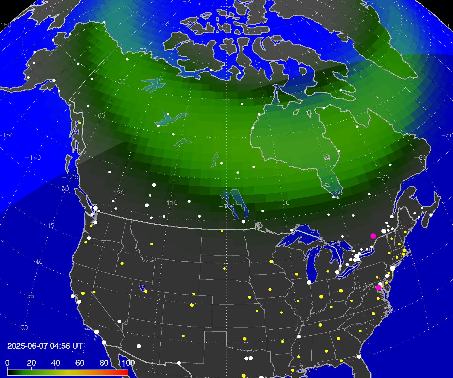 Northern lights (auroras) over North America