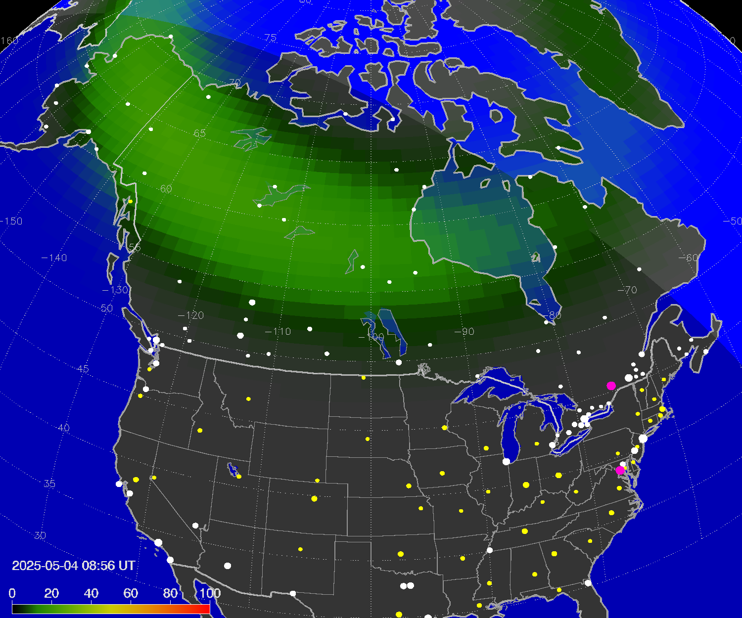 Northern lights (auroras) over North America
