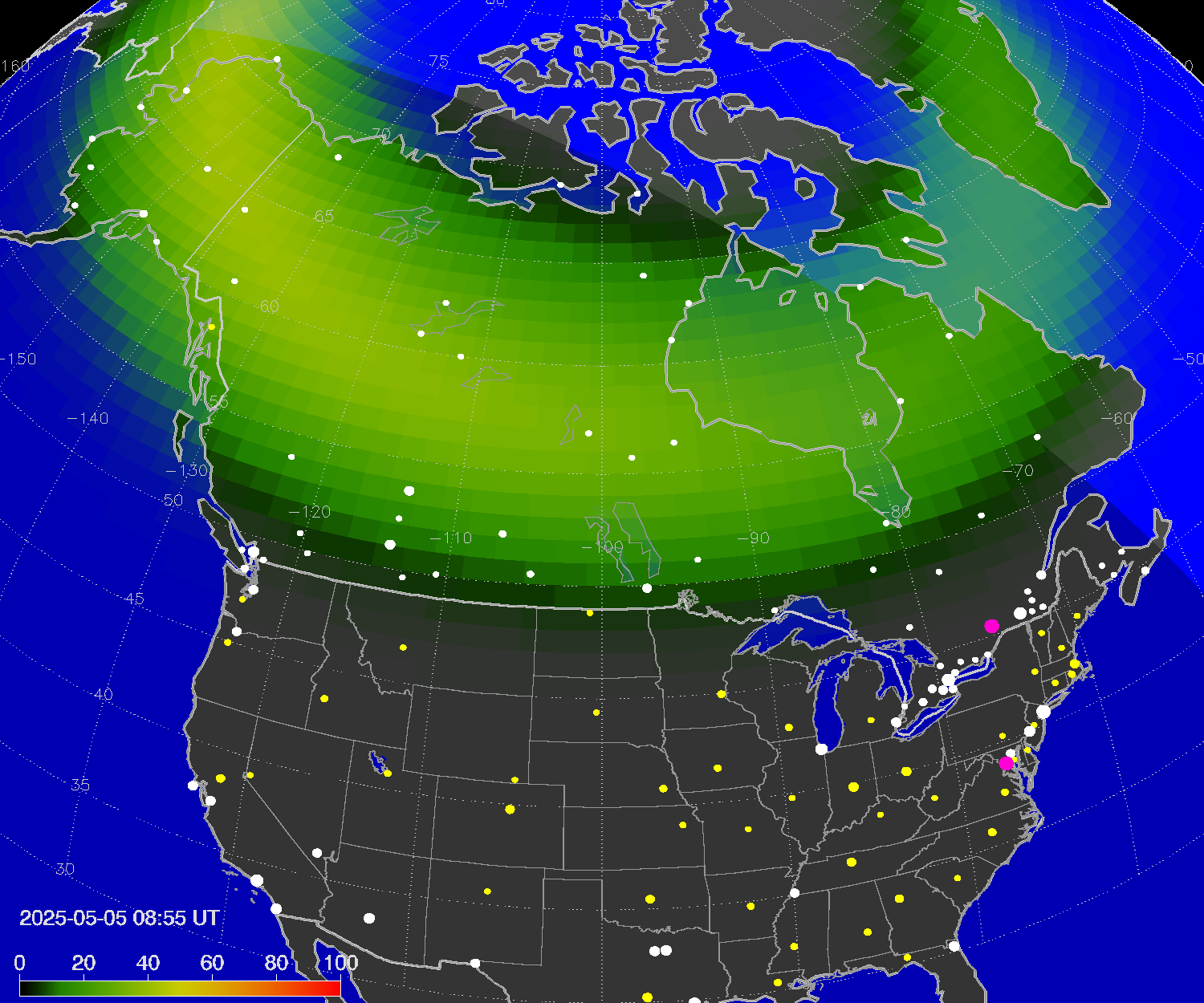 Northern lights (auroras) over North America
