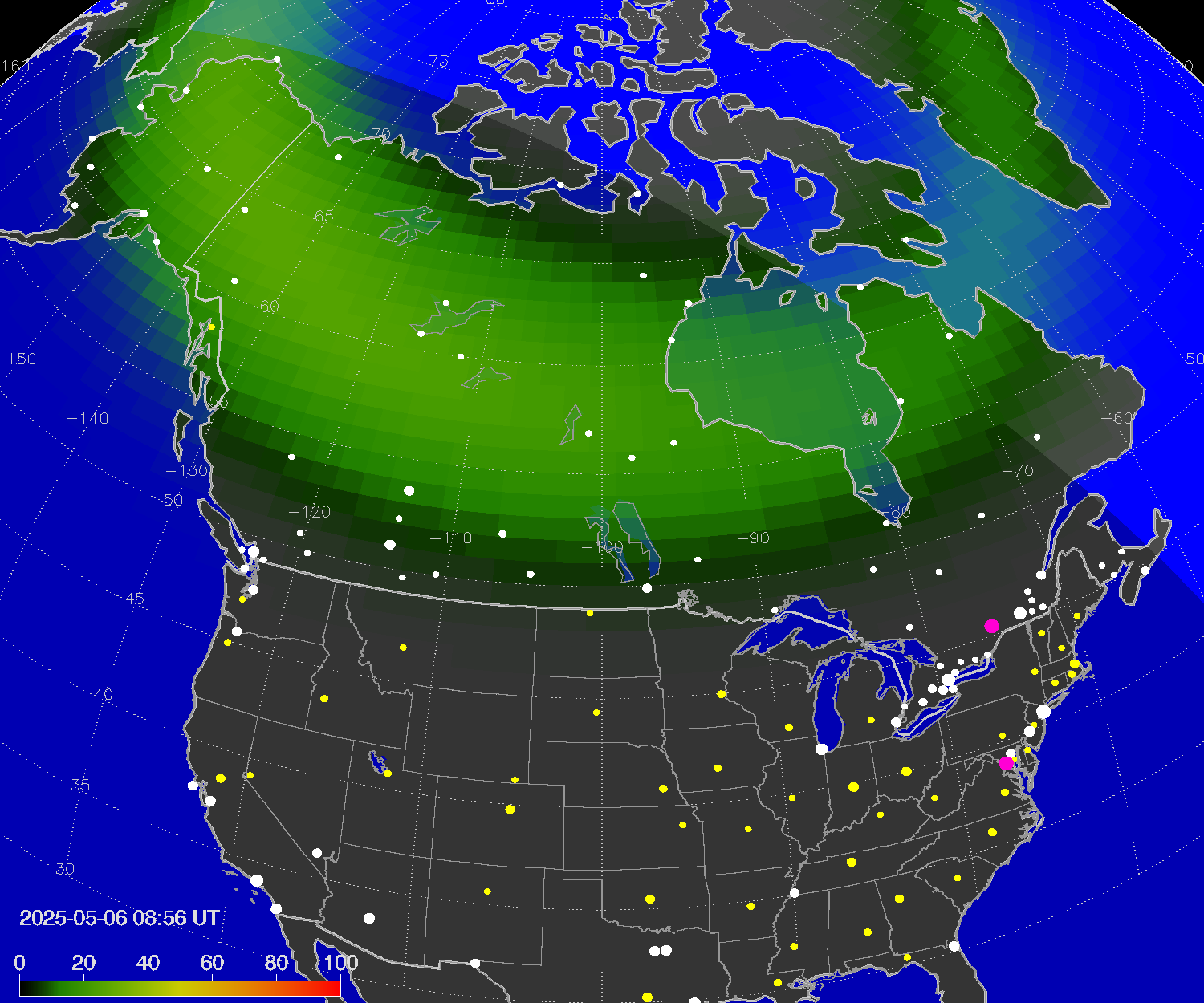 Northern lights (auroras) over North America