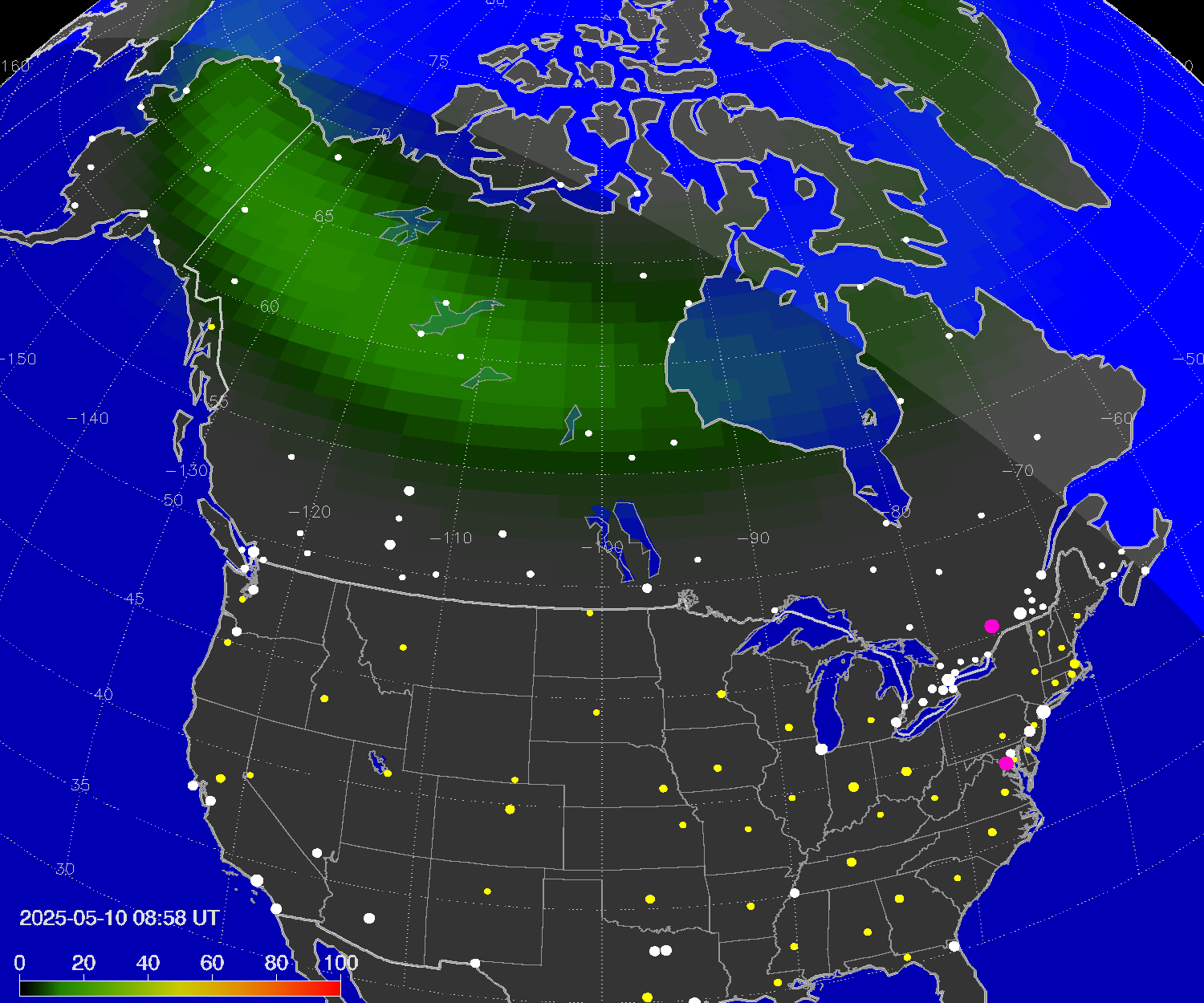 Northern lights (auroras) over North America