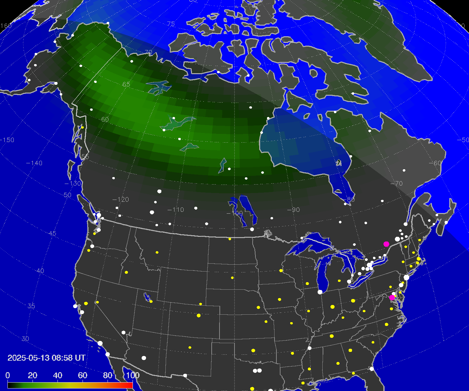 Northern lights (auroras) over North America