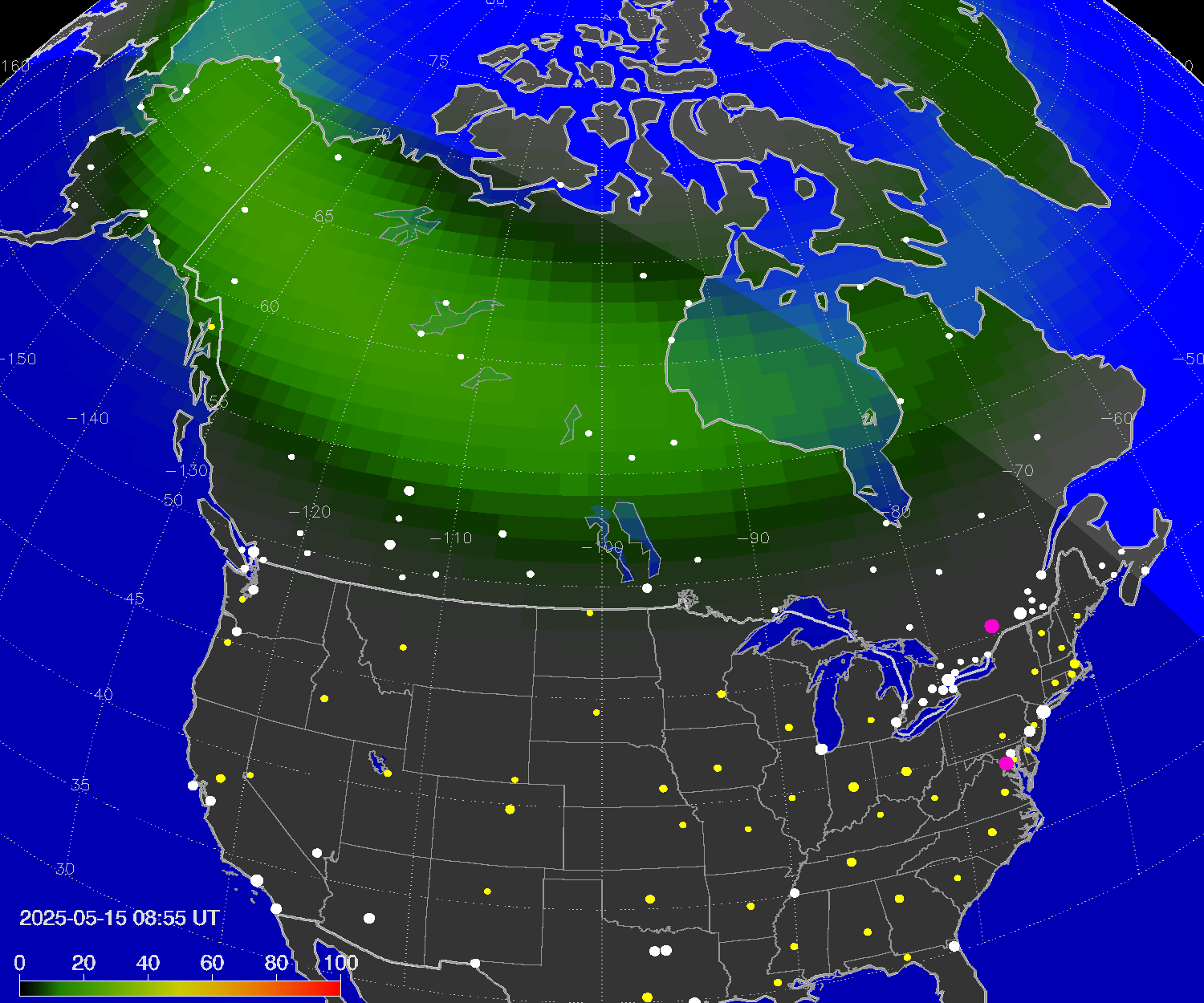 Northern lights (auroras) over North America