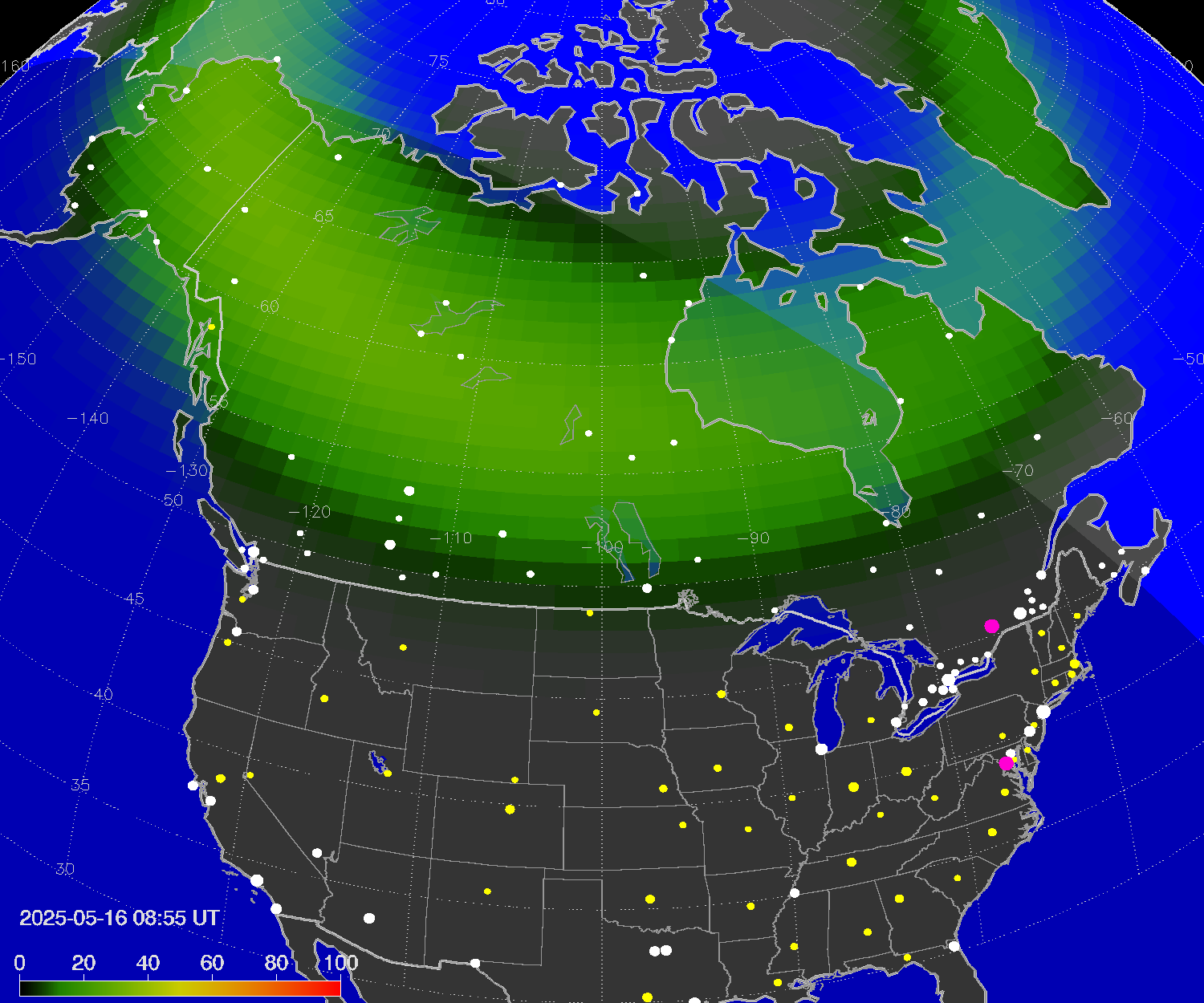 Northern lights (auroras) over North America