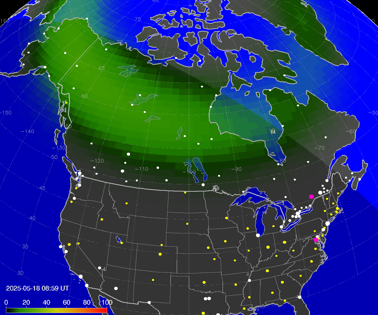Northern lights (auroras) over North America