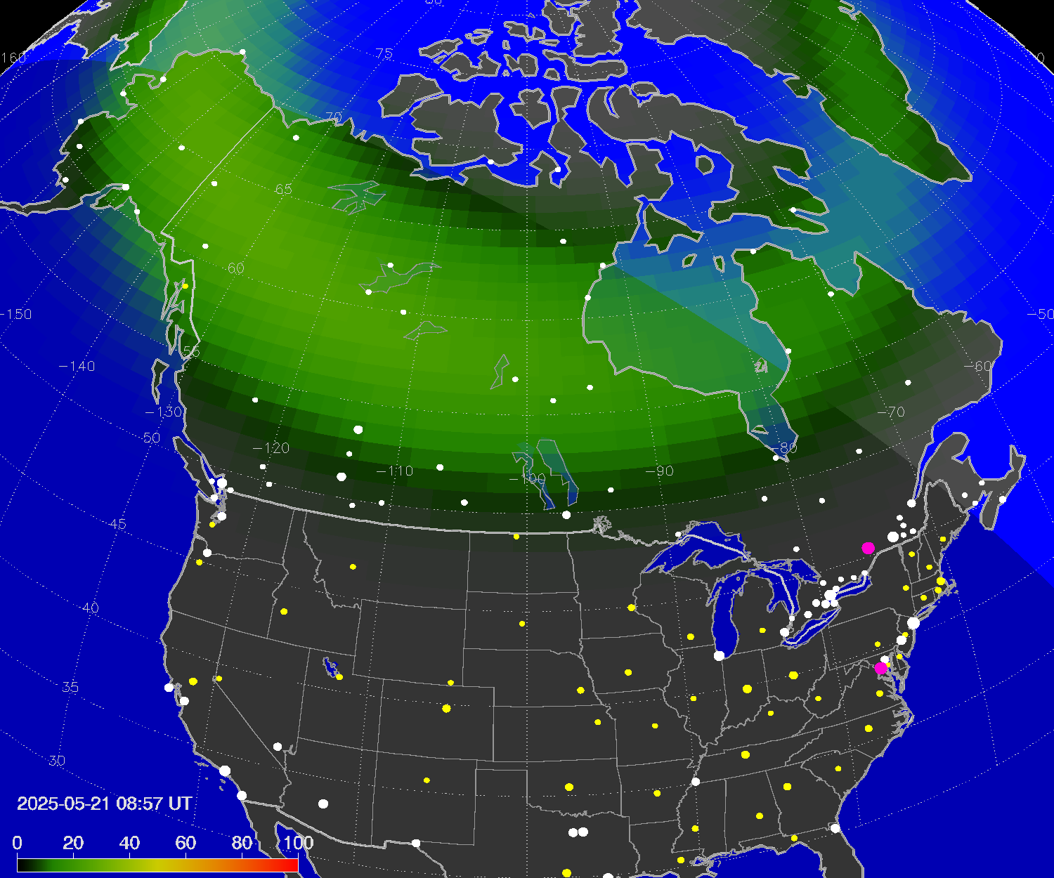 Northern lights (auroras) over North America
