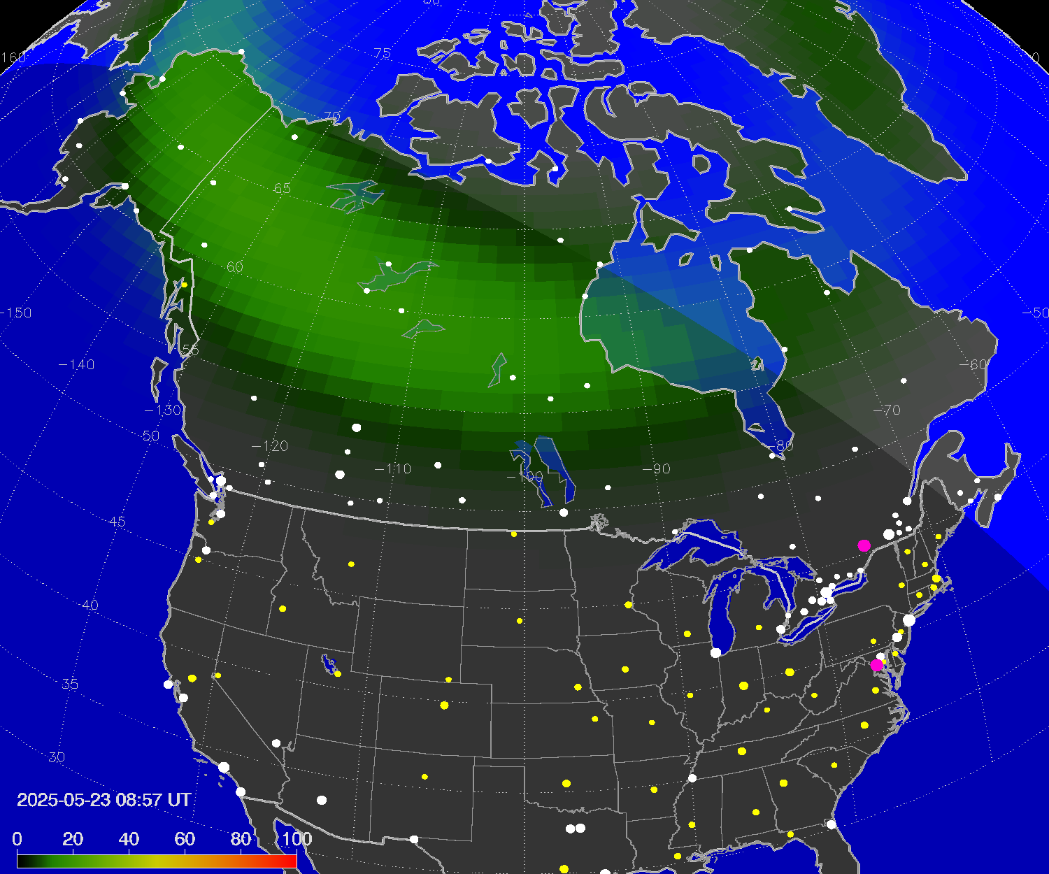 Northern lights (auroras) over North America