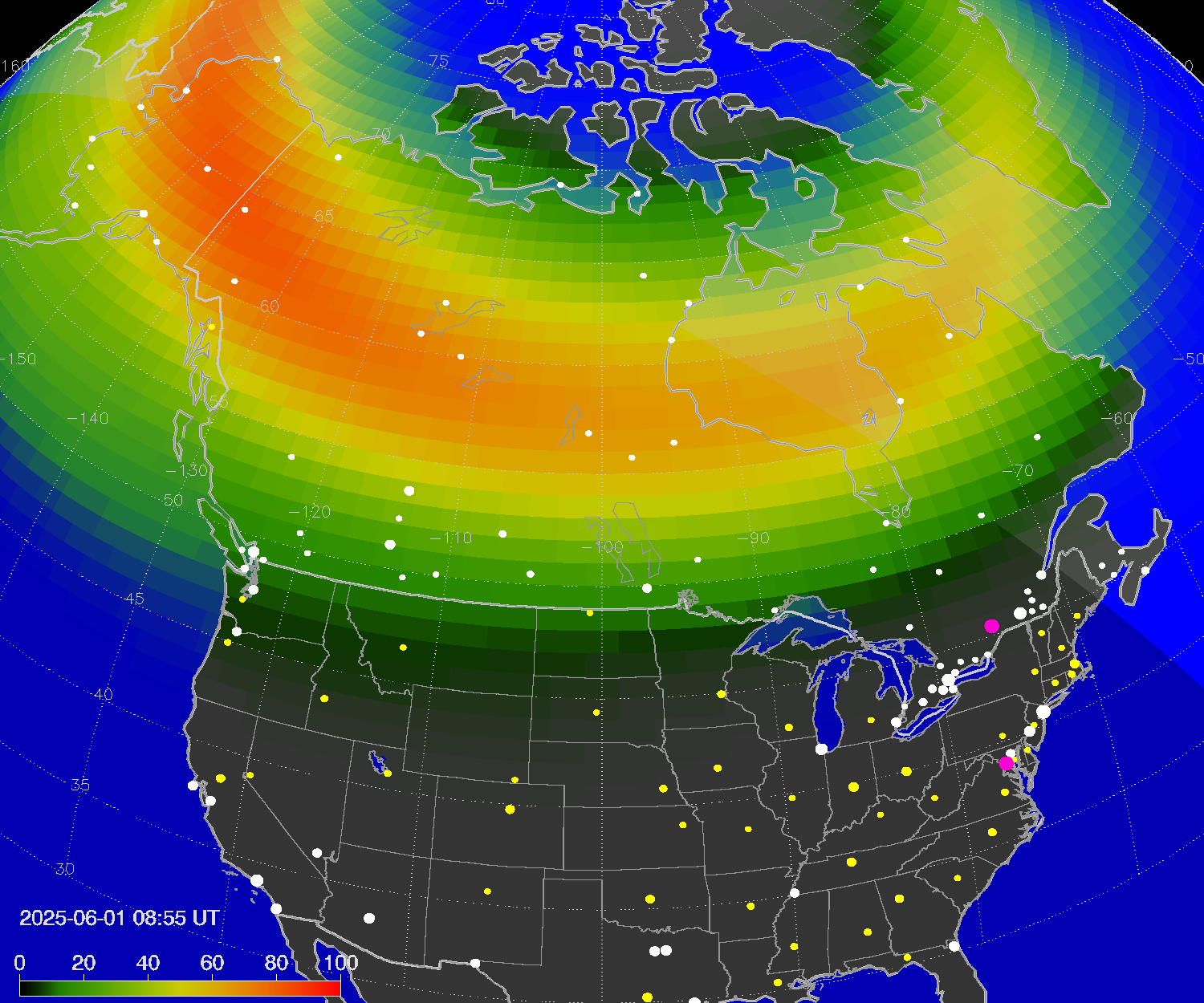 Northern lights (auroras) over North America