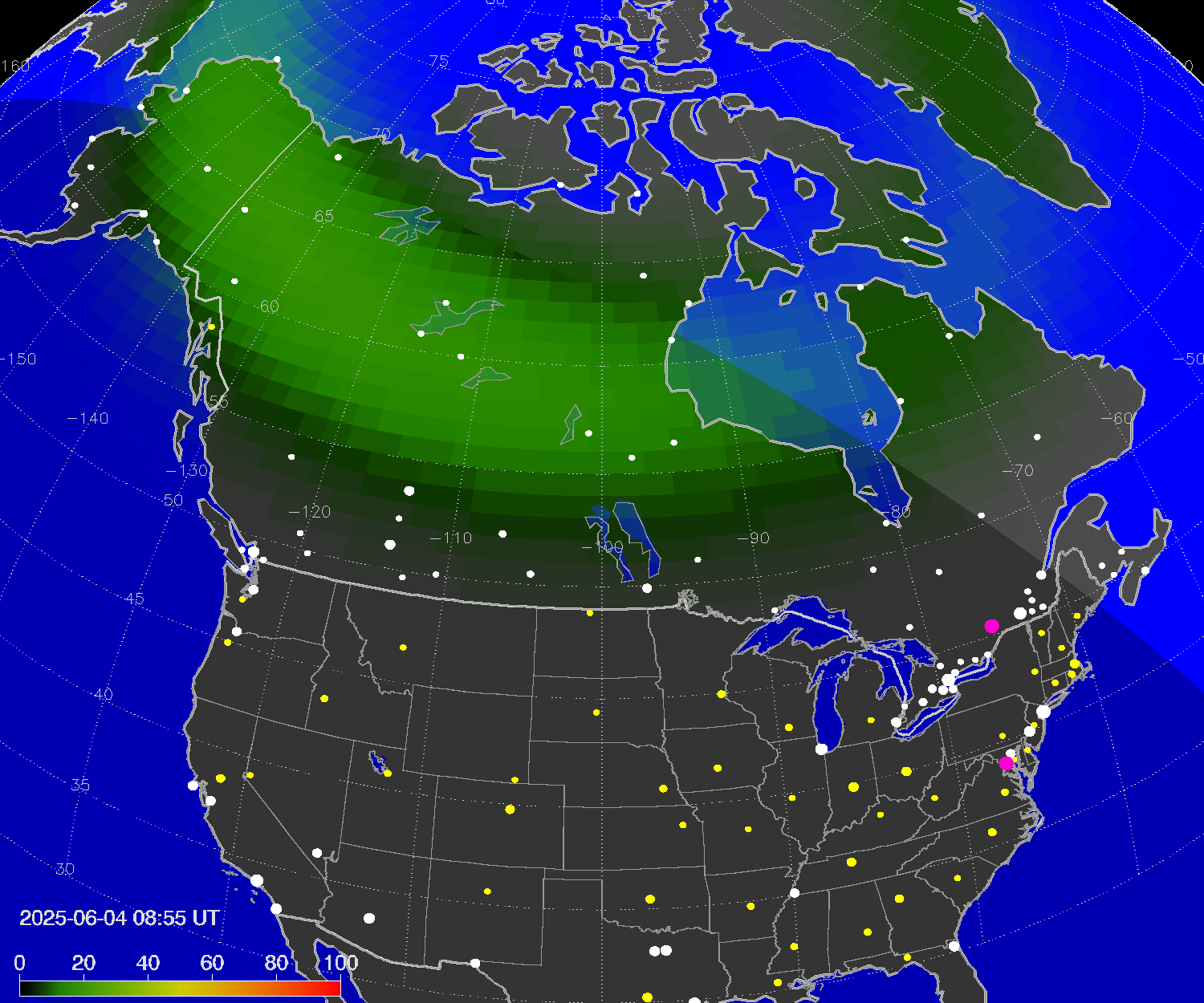 Northern lights (auroras) over North America