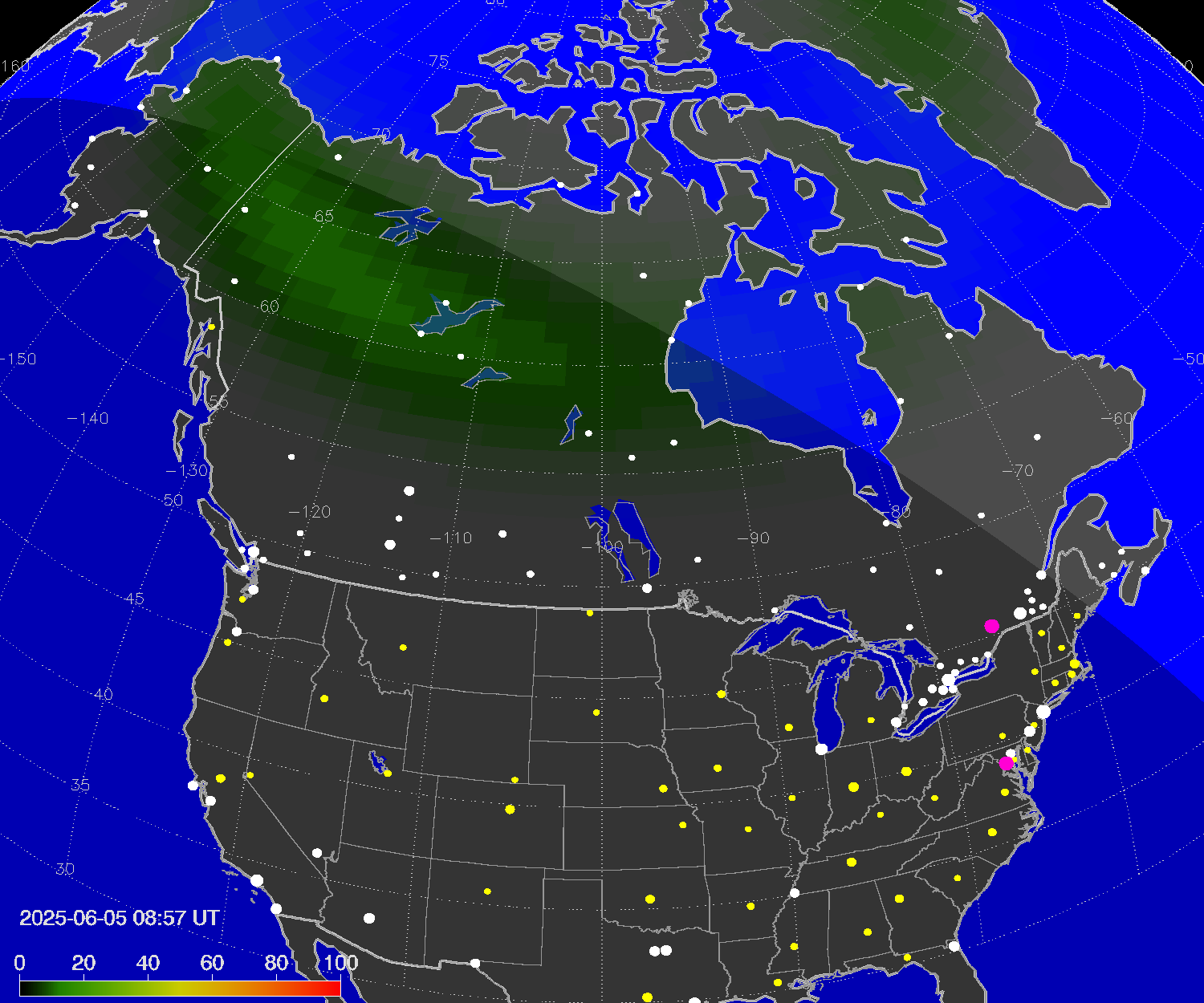 Northern lights (auroras) over North America