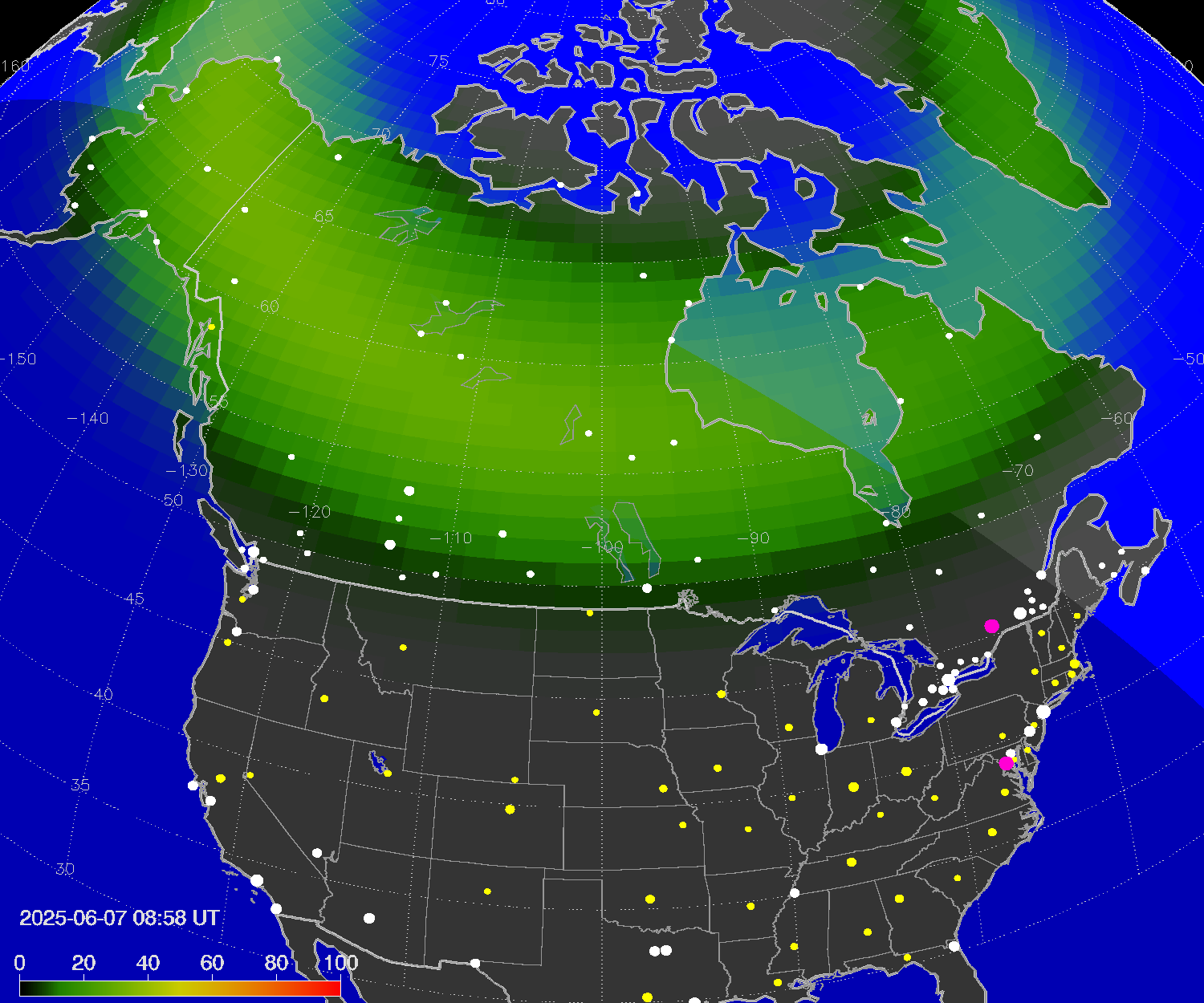Northern lights (auroras) over North America