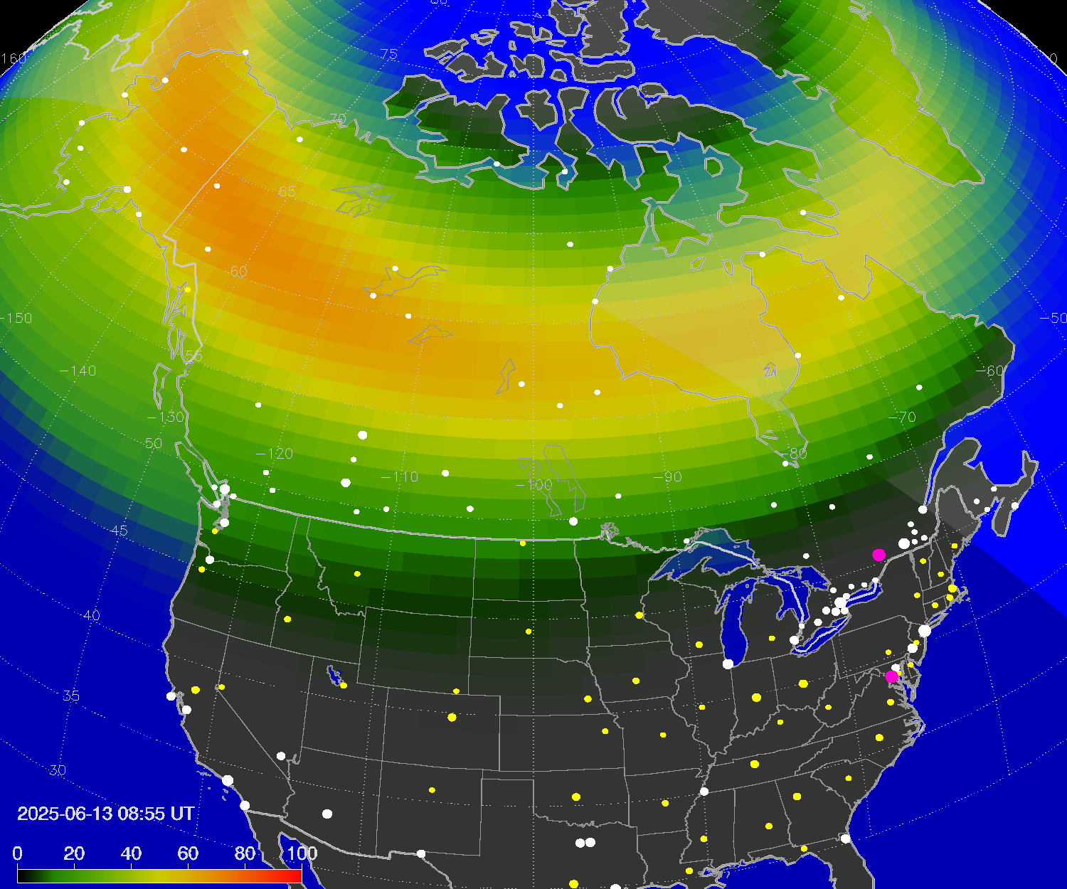 Northern lights (auroras) over North America