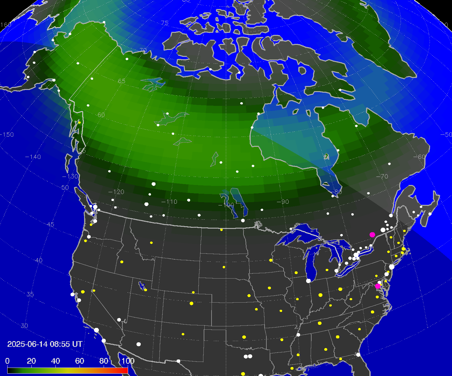 Northern lights (auroras) over North America