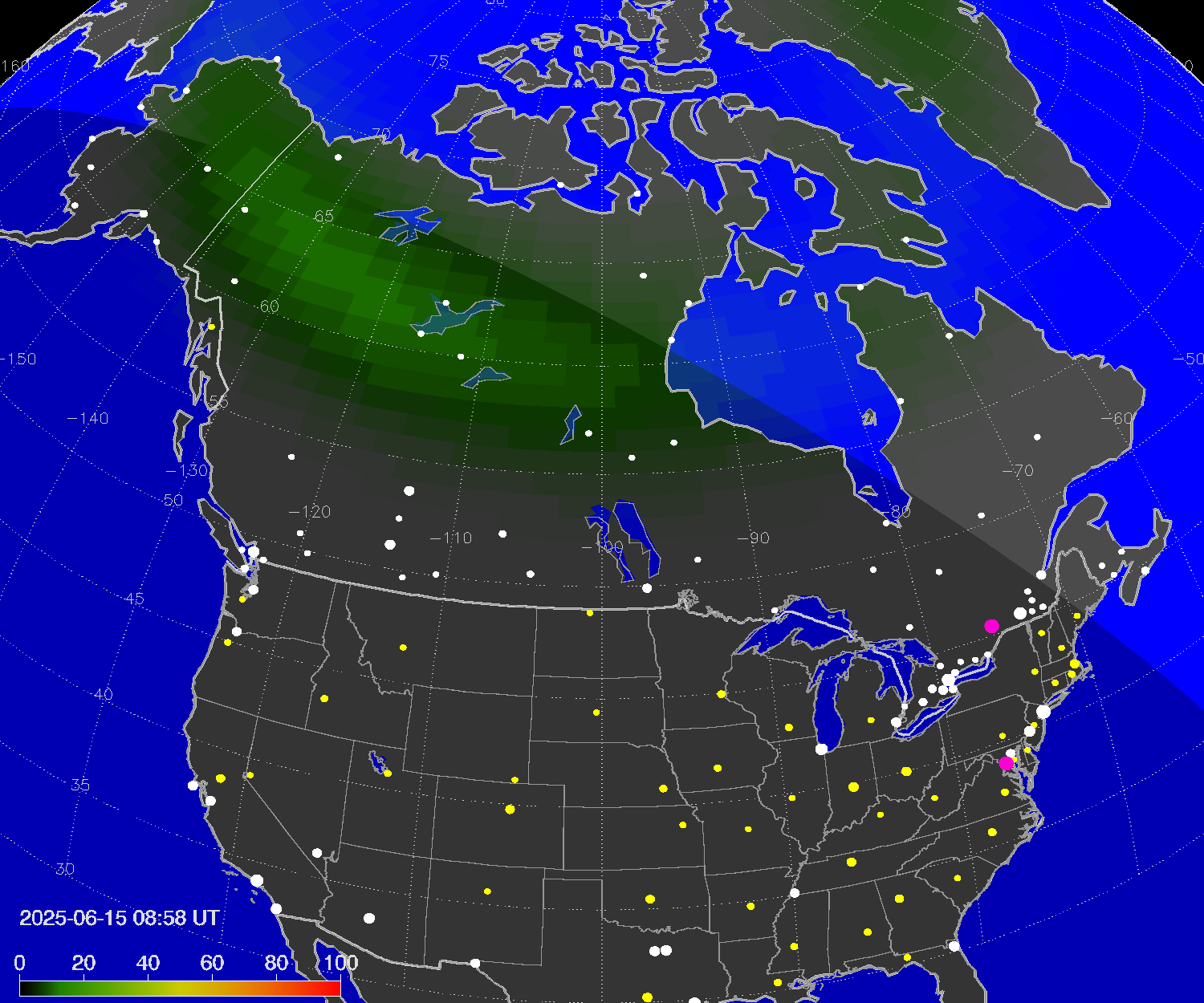 Northern lights (auroras) over North America