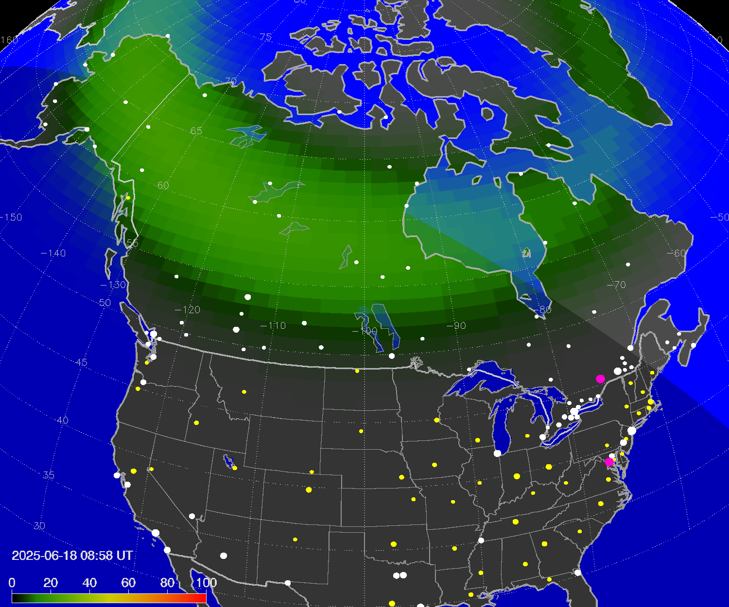 Northern lights (auroras) over North America